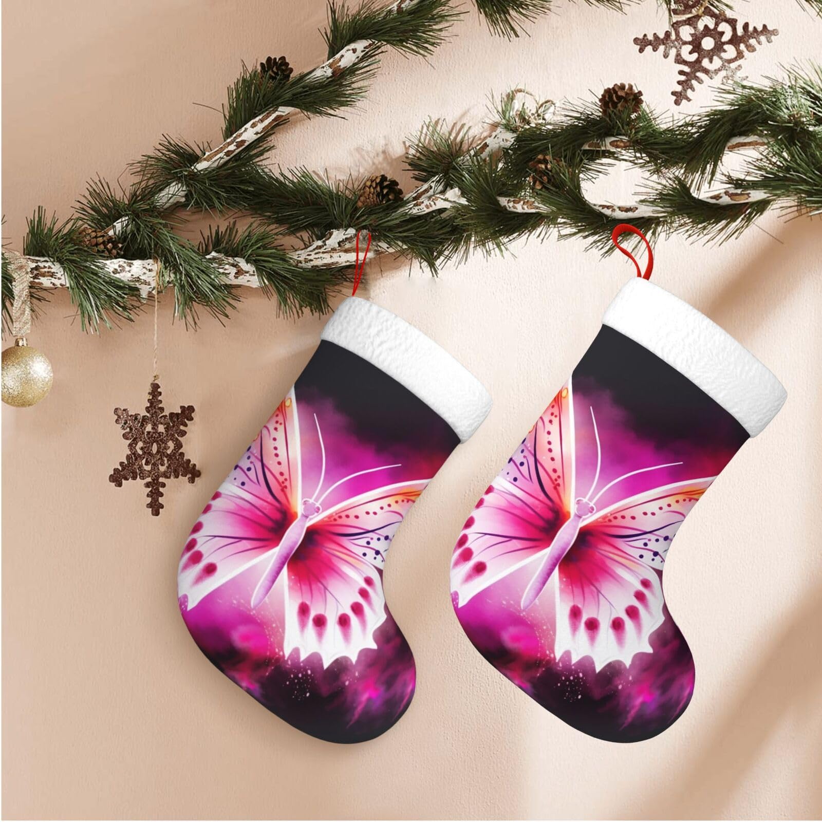 17.7" Christmas Stocking 1 Piece, Pink Butterfly Xmas Stockings with White Plush Cuff Fireplace Hanging Stocking for Christmas Holiday Party Decoration