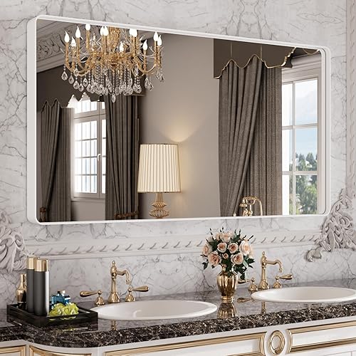 Miniatura 1 de Espejo de baño con marco de metal blanco de 55 x 30 pulgadas para pared, espejo de tocador de baño blanco mate, espejo rectangular redondeado,