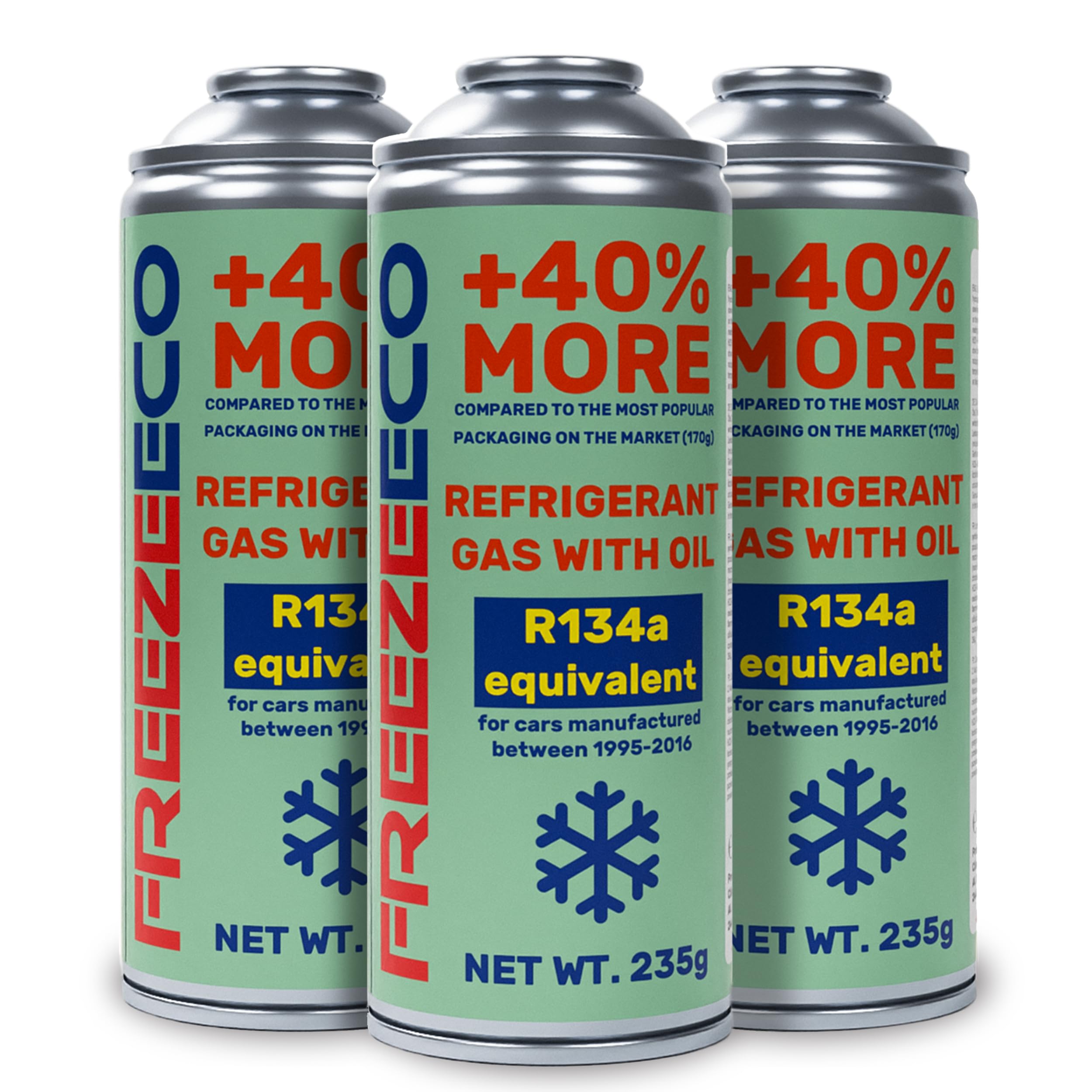 FREEZECO 2 in 1-3 lattine R134a, refrigerante di ricambio per il riempimento di condizionatori d'aria per auto 1995-2016, 235 g
