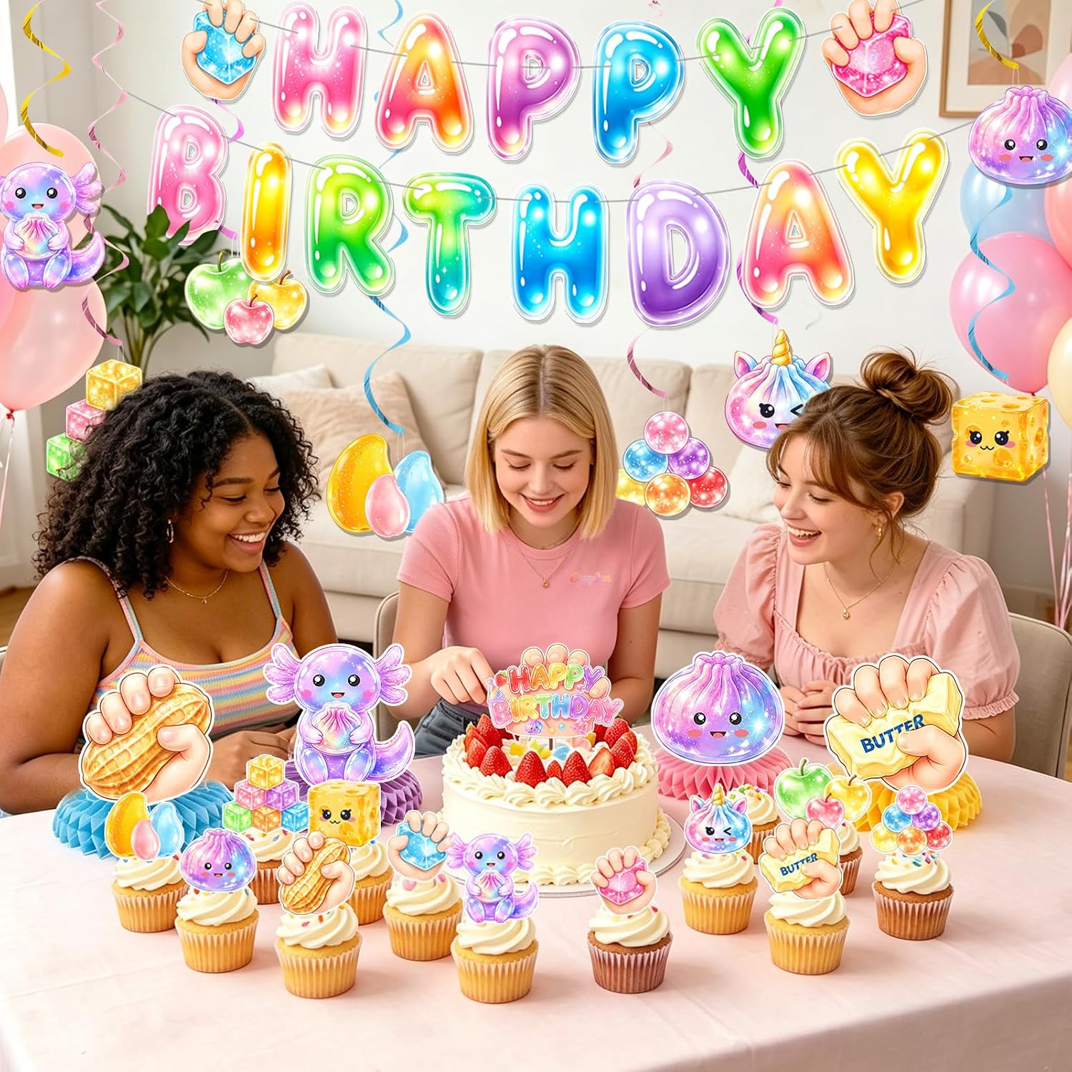 Squishy Birthday Party Decorations Kawaii Dumpling Dimsum Bun Theme Rainbow Bubble Happy Birthday Banner Hanging Swirls Cake Toppers Honeycomb Centerpieces Squishy Food Party Supplies