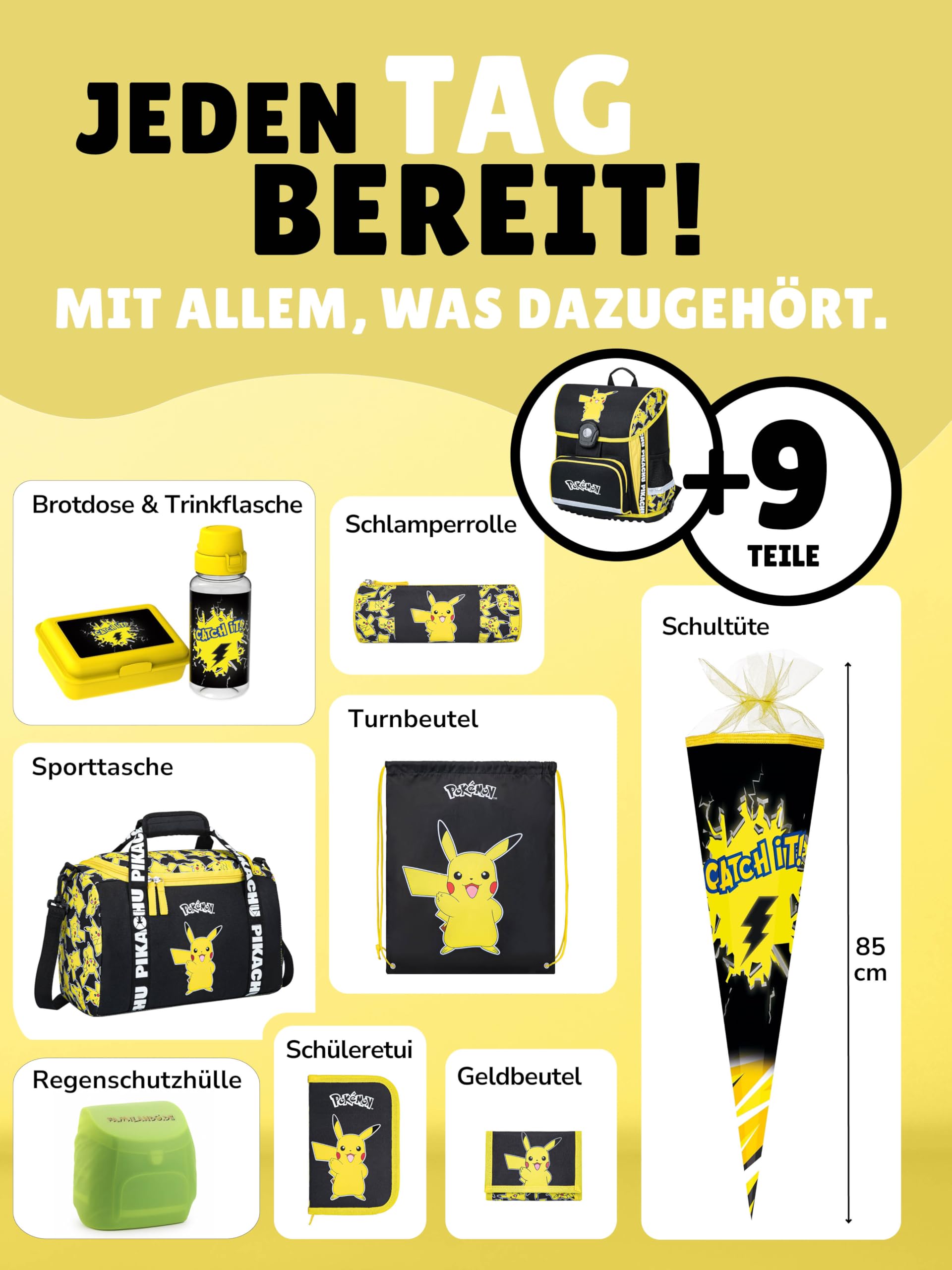 Familando - Schulranzen Set 10-teilig mit Schultüte - Pokémon mit Pikachu Motiv - Ergonomisch, stabil & mit gepolstertem Rücken - 990g leicht, 16L Volumen - Mit Reflektoren - ab 1. Klasse