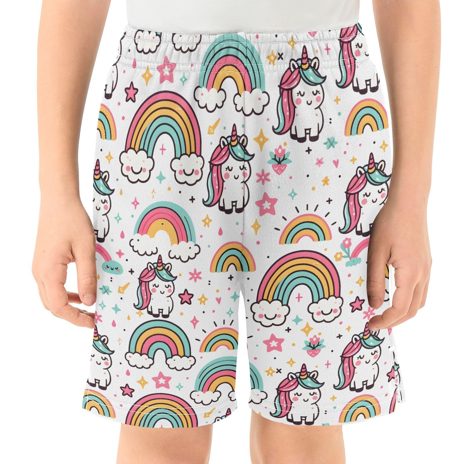 Cute Unicorns with Rainbow Boys' Shorts Summer Cotton Adjust Pocket Boys Shorts Size 8 Years