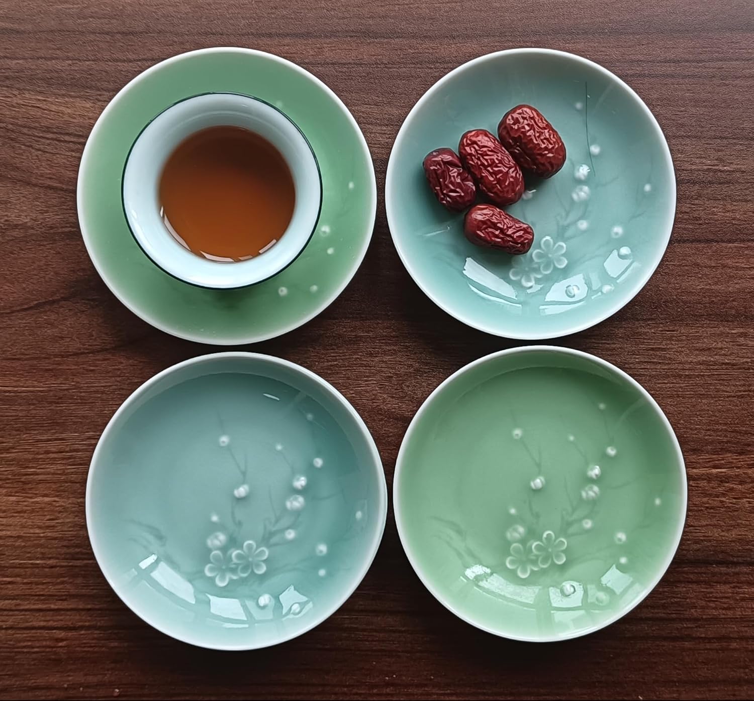 Longquan celadon 4.0 inch Beautiful Plates,Appetizer Saucer Vinegar Dish, Sushi Dipping Saucers, Ceramic Dessert Dishes,Natural Mineral Glaze lead-free 4 pcs (Dichromatic plum green)