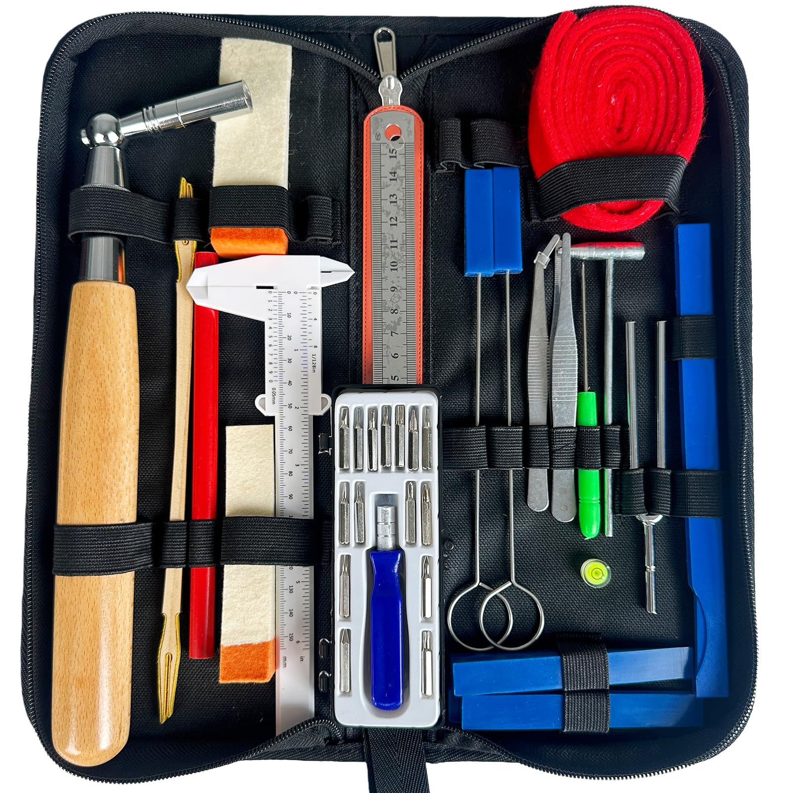 Klavier-Stimmwerkzeug-Set, 37-teilig, Werkzeuge für alle Klaviere, inklusive Stimmgerät, Schraubenschlüssel, Hammer, Gummi-Dämpfer mit tragbarer Tasche