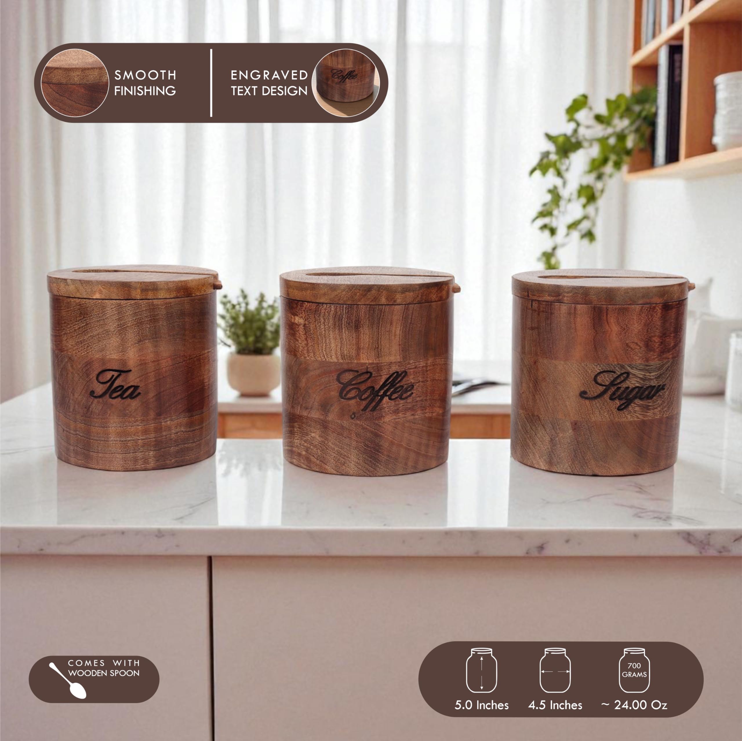 Barattolo in legno fatto a mano per tè, zucchero e caffè, contenitore in legno per tè e caffè, decorazione da cucina, barattolo in legno con testo inciso, confezione singola o