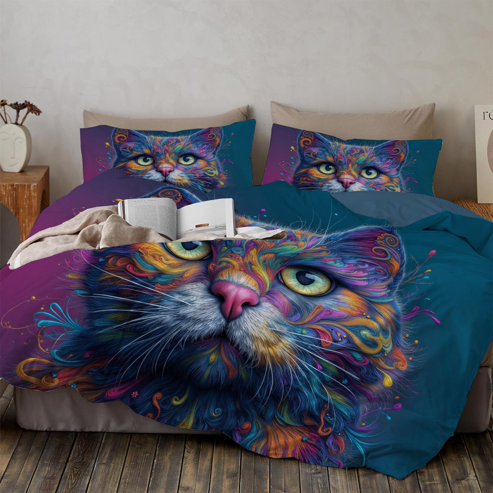 Housse de couette 220x240 chat avec 2 taies d'oreiller 65x65