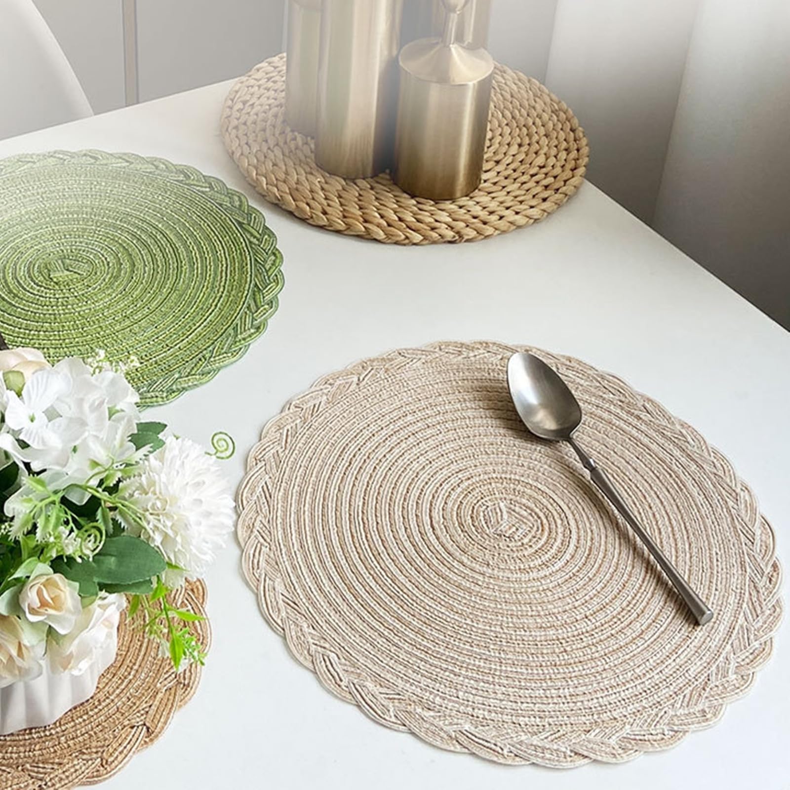 Zestaw 6 podkładek stołowych z poliestru, zmywalny, pleciony khaki, okrągły, do wnętrz, kuchni, jadalni, 38 cm