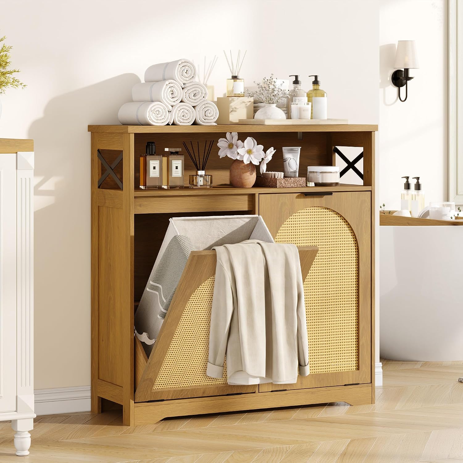 Double Tilt Out Trash Can Cabinet for 13*2 Gallon Garbage Can, Rattan Farmhouse Kitchen Garbage Trash Bin for Hidden Laundry Basket, Dual Dog Proof Recycling Cabinet for Bathroom, Living Room, Natural