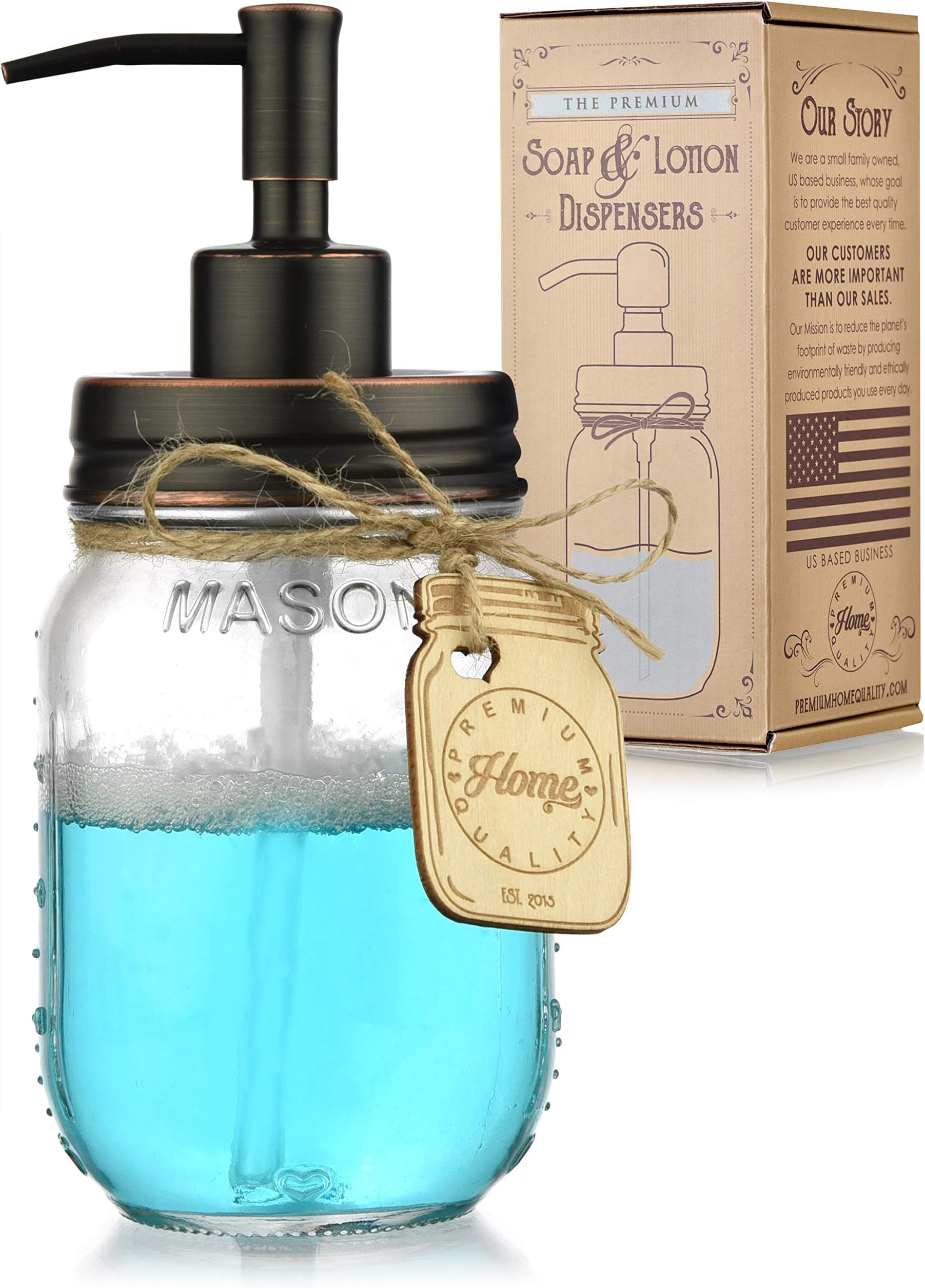 Mason Jar Soap Dispenser - Kitchen Soap Dispenser, Dish Soap Dispenser - Farmhouse Decor Hand Soap Dispenser for Bathroom or Lotion Dispenser (16 Oz, 304 Stainless - Rustproof Oil Rubbed Bronze Pump)