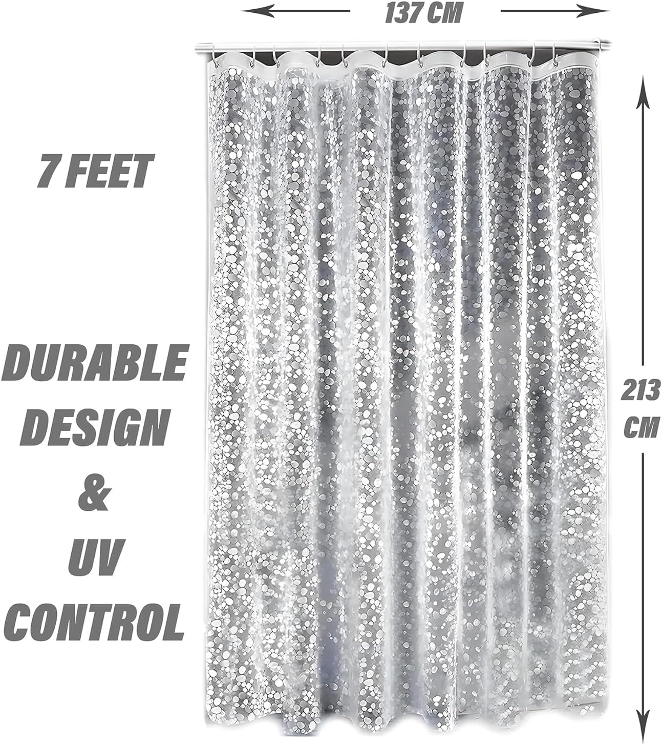 Shower Curtain Liner (7 Feet) Bathroom Curtain | AC Curtains | PVC Waterproof Bathtub | 8 Rings for Bathroom Window | Print Transparent