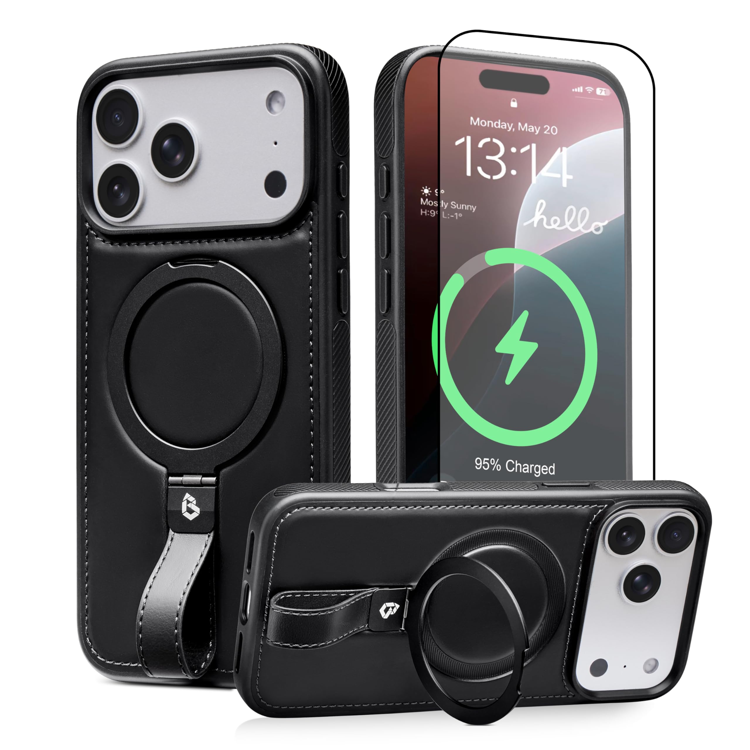 BUTAIGA for iPhone 17 Pro Max Leather Case with Stand, Anti-Slip Grip Ring, Fits for MagSafe (Black, IP17 Pro Max-6.9inch)