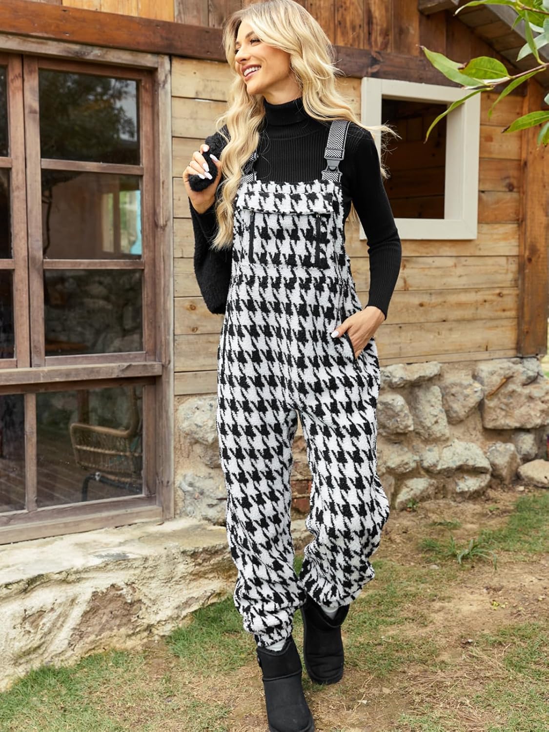 Yousify Women's Fleece Warm Overalls Winter Fuzzy Thick Adjustable Strap Bib Overalls Loose Casual Jumpsuits with Pockets