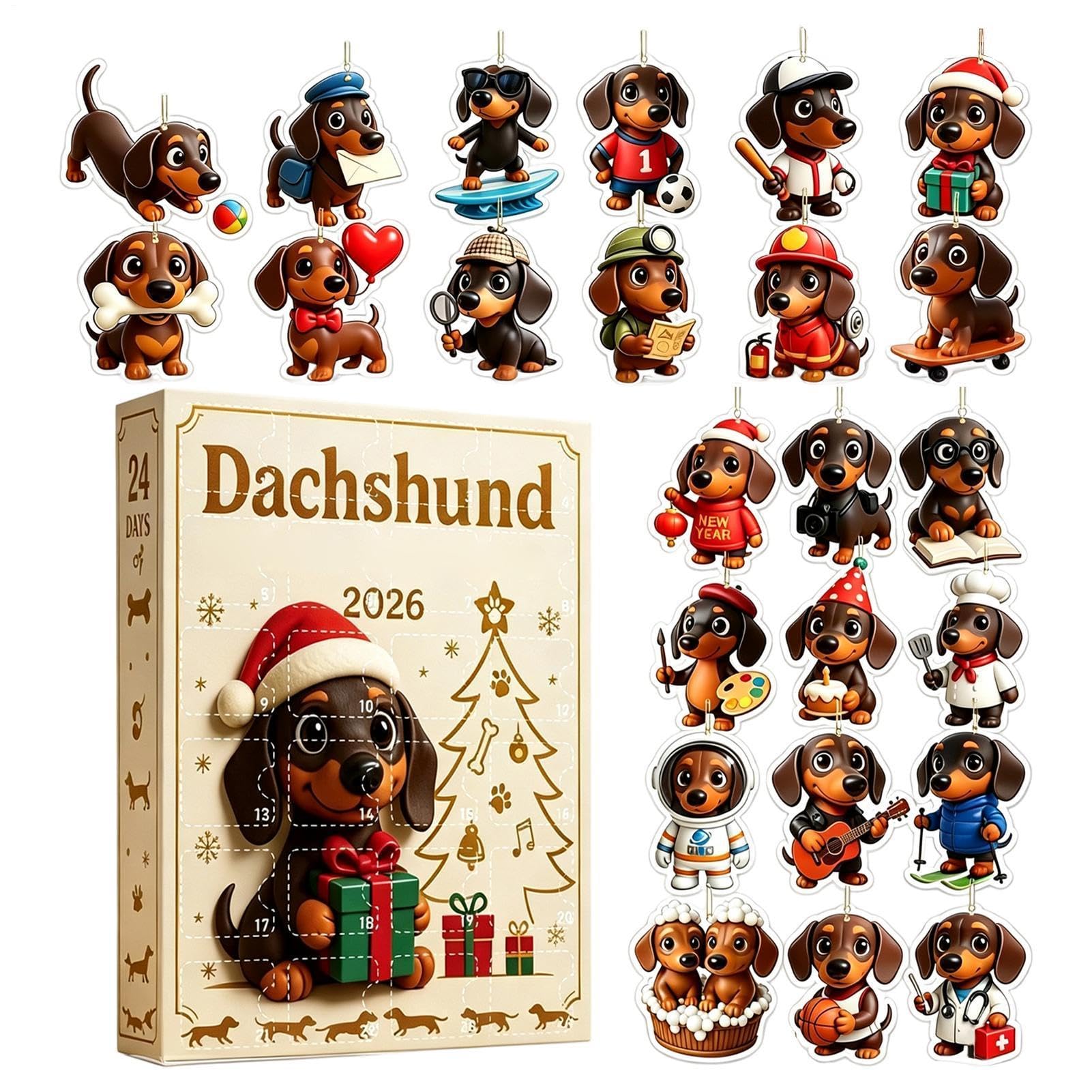 Dackel Adventskalender 2026 24 Tage Acryl Ornament Countdown Geschenk | 2D Acryl 26x18cm. 24 Mini-Dackel Ornamente mit Aufhängung. Fenster, Wand, Tür, . Kinder & Hundeliebhaber Geschenk