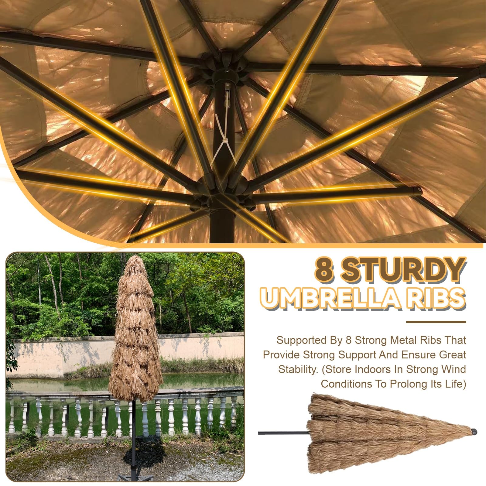 Parasol Ogrodowy W Stylu Hawajskim 270cm, Odporny Na Wiatr Plażowy Z Ochroną UV50+, Słomiany Parasol Ogrodowy, Nie Wymaga Podstawy, Idealny Na Taras I Basen