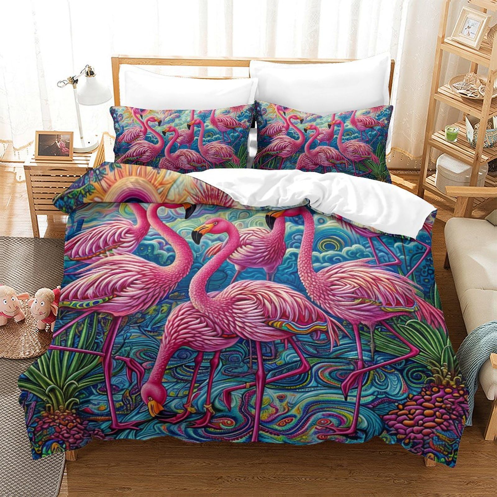 Housse de couette respirante 3D flamants roses king 220x240 pour un sommeil frais