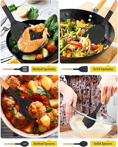 Miniatura 5 de Juego de 4 utensilios de cocina de silicona, espátulas sólidas antiadherentes y cucharas ranuradas resistentes al calor con mango de madera, juego