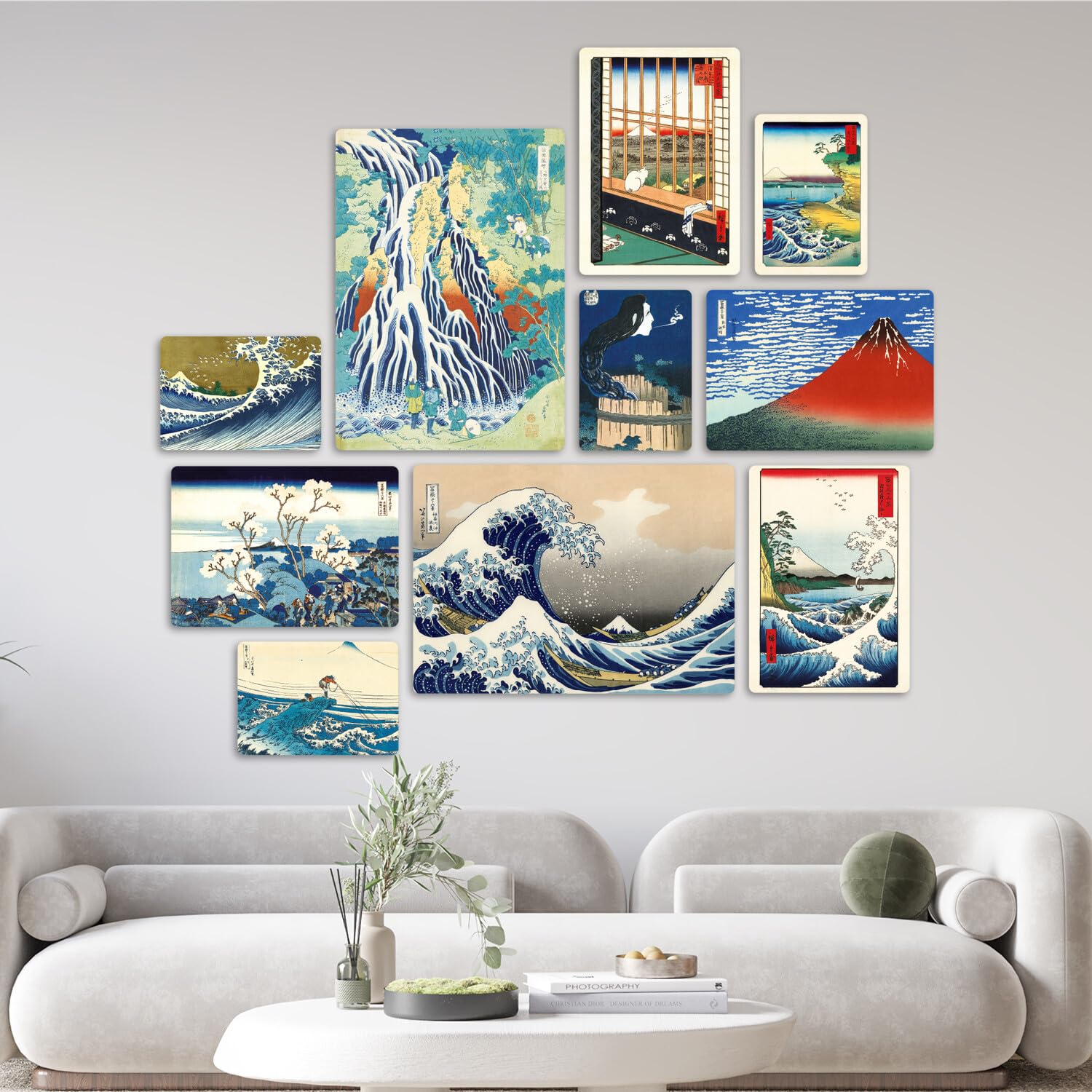 Giallobus - Ensemble de 10 peintures multi-panneaux - Hokusai Hiroshige - Bois MDF - - 2 x 42x29,7cm - 4 x 29,7x21cm - 4 x 21x14,85cm - - Prêt à accrocher - Tableaux