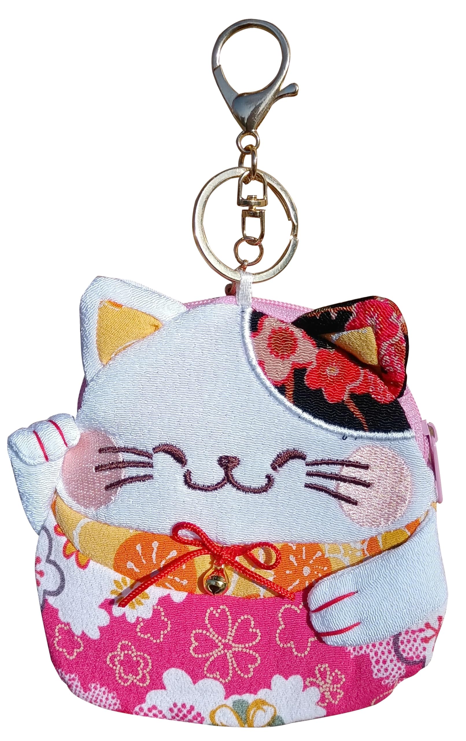HUIJUFU Japanese Lucky Cat Coin Purse Keychain - Cute Coin Pouch for Women (Red)