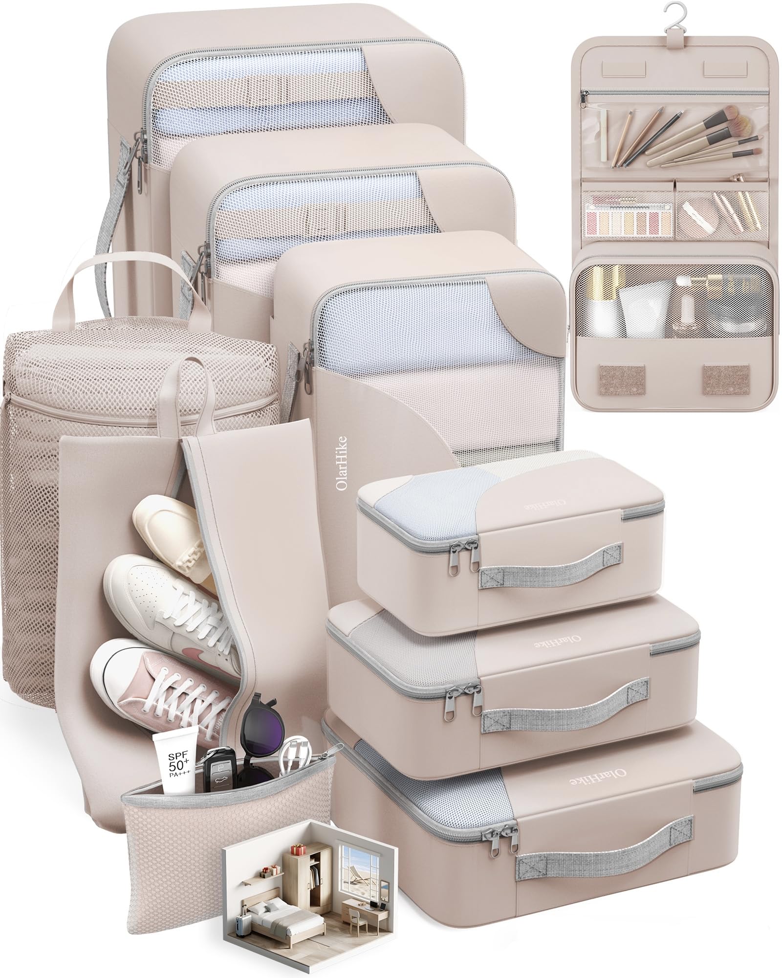 OlarHike ALL INCLUDED 10 Set Durable Packing Cubes for Travel,Gifts for Women Mom Men,Luggage & Suitcase Organizers with Toiletry Bag,Vacation Essentials for Cruise & Plane,Beach Accessories,Beige