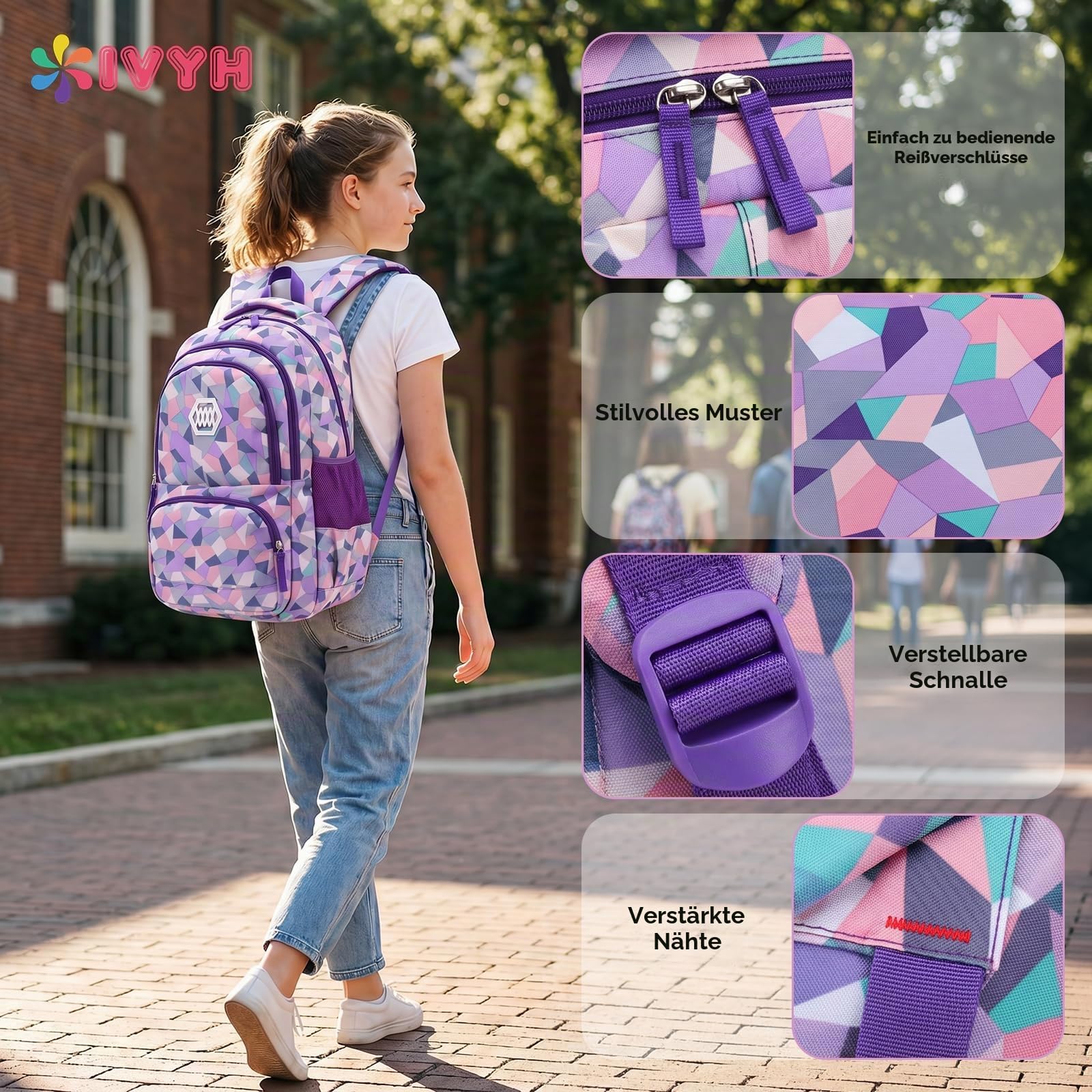 IvyH Schulrucksack Mädchen Teenager, Leichter mit Laptopfach für 15,6 Zoll