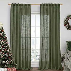 LAMIT Sheer Linen Curtains for Living Room, Back Tab and Rod Pocket Olive Green Curtains Light Filtering Country Rustic Christmas Drapes for Bedroom/Farmhouse, 2 Panels, 52 x 102 Inch