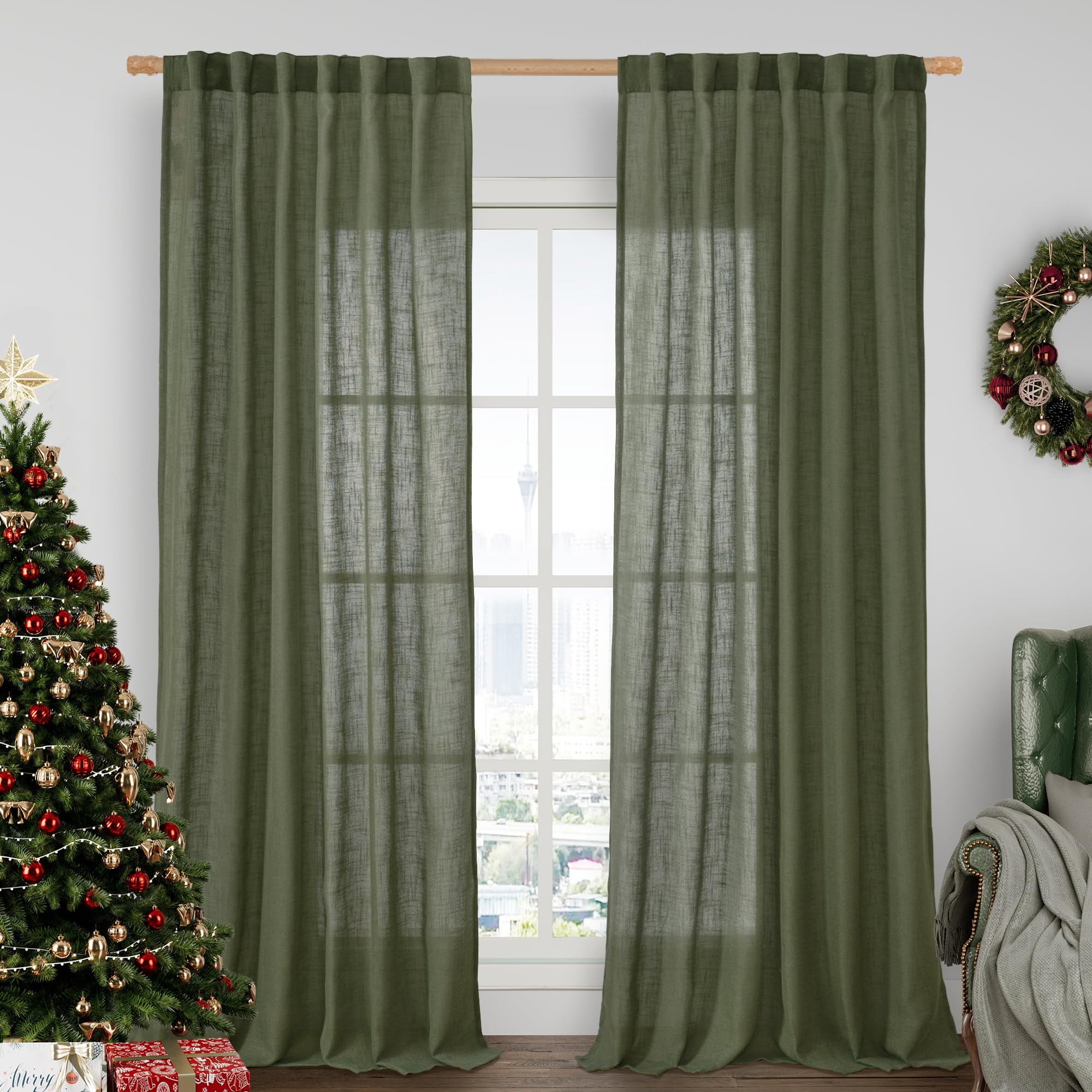 LAMIT 120 Inches Long Linen Curtains for Living Room, Back Tab and Rod Pocket Semi Sheer Panels Light Filtering Farmhouse Drapes for Bedroom/Dining Room, Olive Green, Set of 2, 52 x 120 Inch