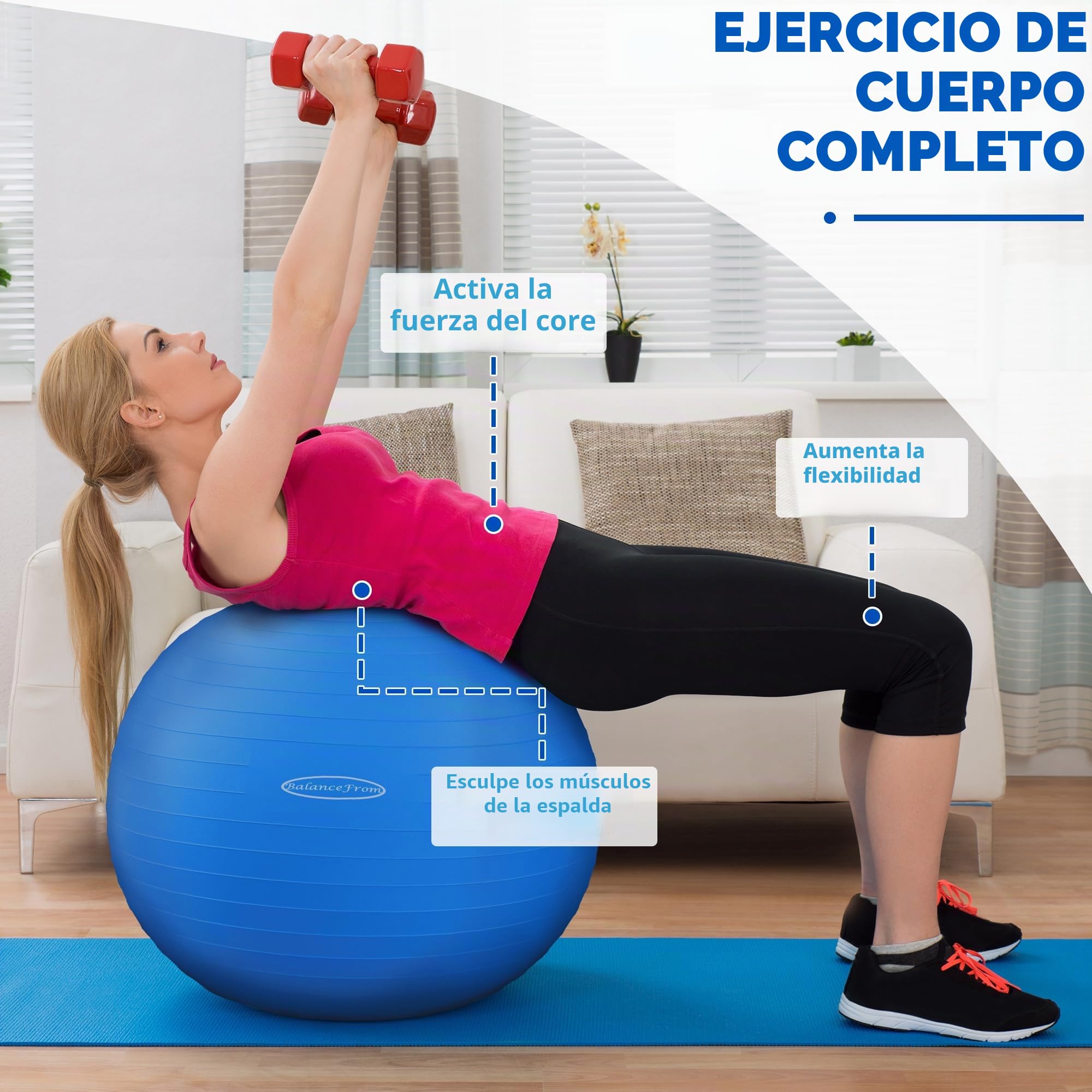 BalanceFrom - Pelota de Ejercicio Antideslizante y Antideslizante para Yoga, Pelota de Fitness con Bomba rápida, Capacidad de 2 Libras, Azul, 38-45 cm, S