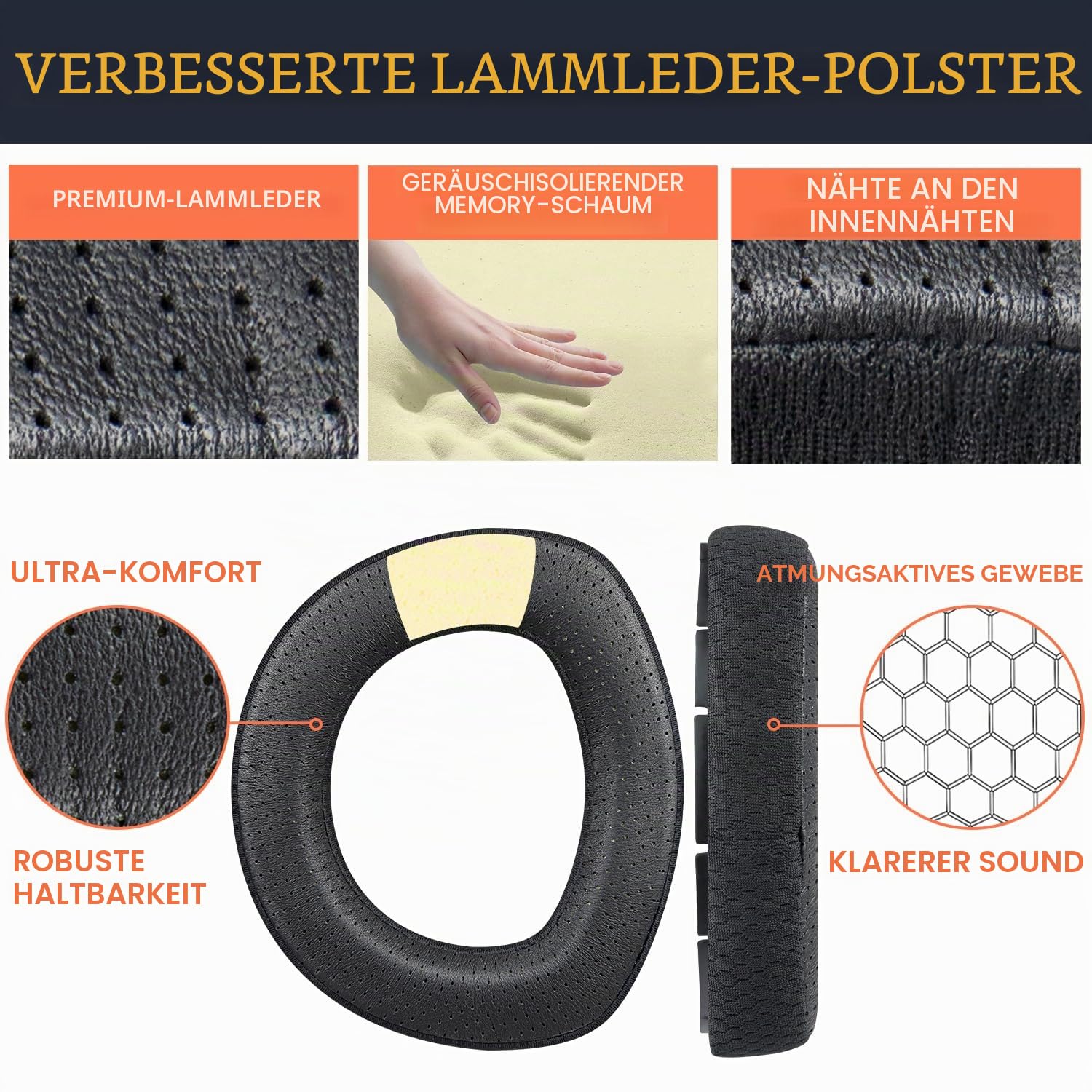 SOULWIT Lammfell Ersatzpolster Ersatz Ohrpolster für Sennheiser HD800/HD800S HD 800-Kopfhörer, Polster mit langlebigem Mesh-Gewebe, Noise-Isolation-Gedächtnis-Schaumstoff