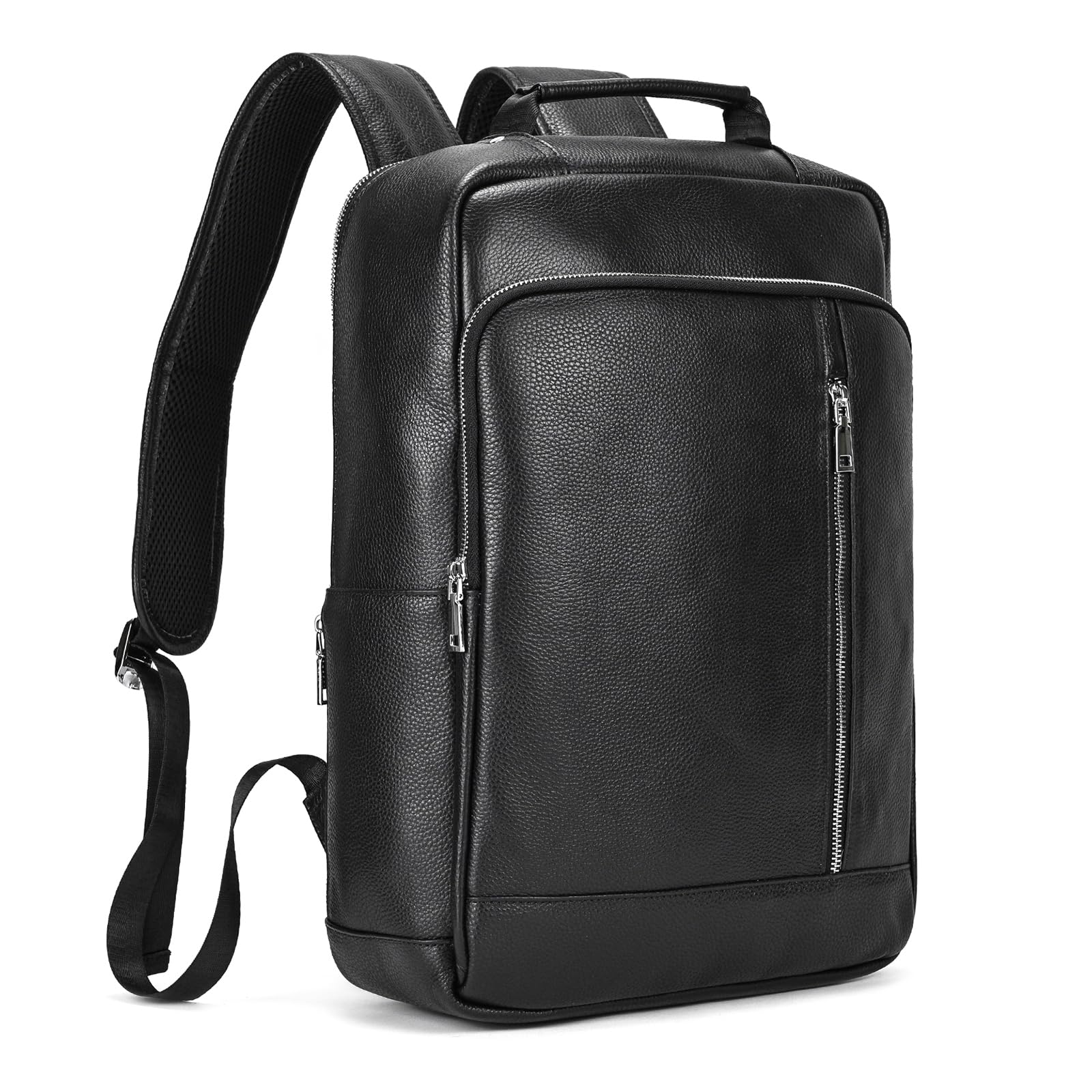 Genuine Leather Backpack Men Casual Daypack 15.6 Inch Laptop Rucksack Business Travel Outdoor Shoulder Bag with Trolley Sleeve (Black)
