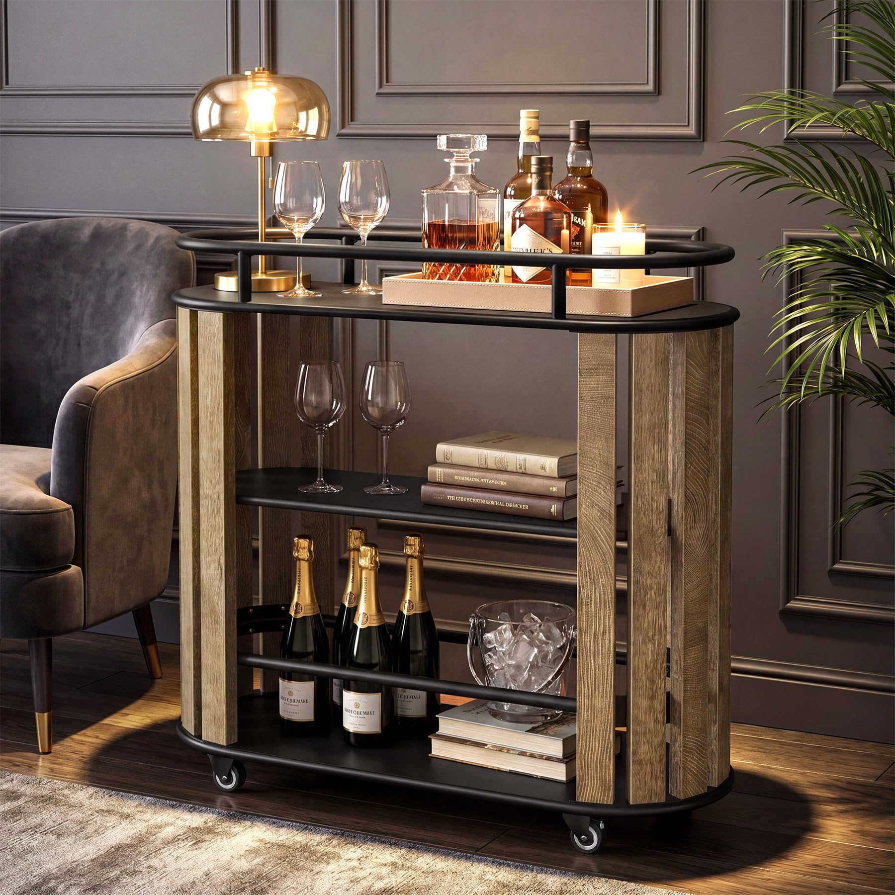 Tribesigns Carrello da Cucina con Ruote, Carrello Bar a 3 Ripiani in Stile Industriale, Carrello Portavivande, Carrello di Servizio per Cucina, Sala da Pranzo e Soggiorno, Marrone Rustico