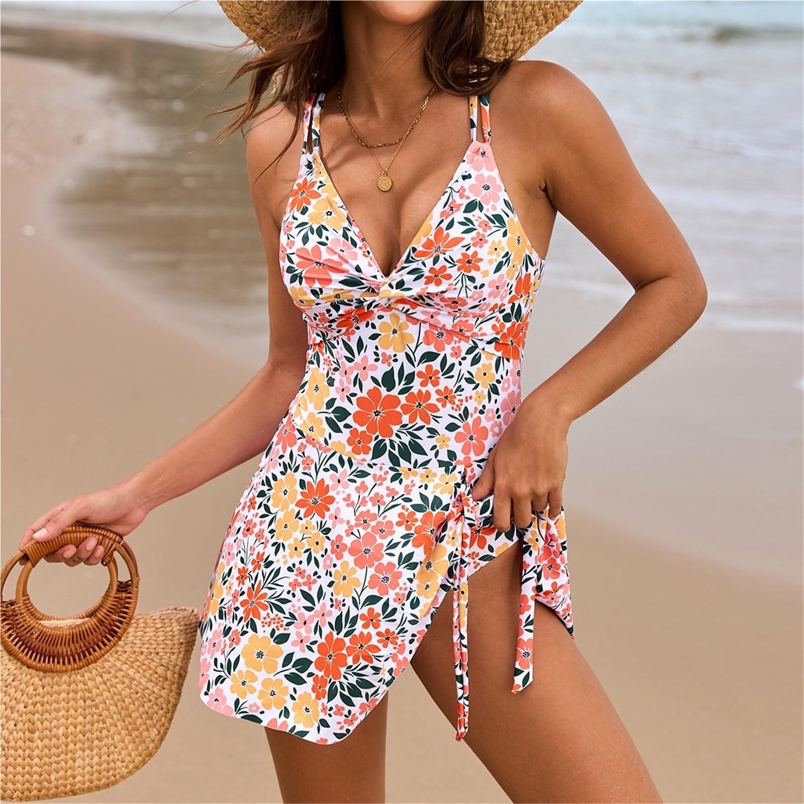 Costume da Bagno Stampato, Bikini Intero Donna, Scollo a V con all'Americana e Schiena Scoperta