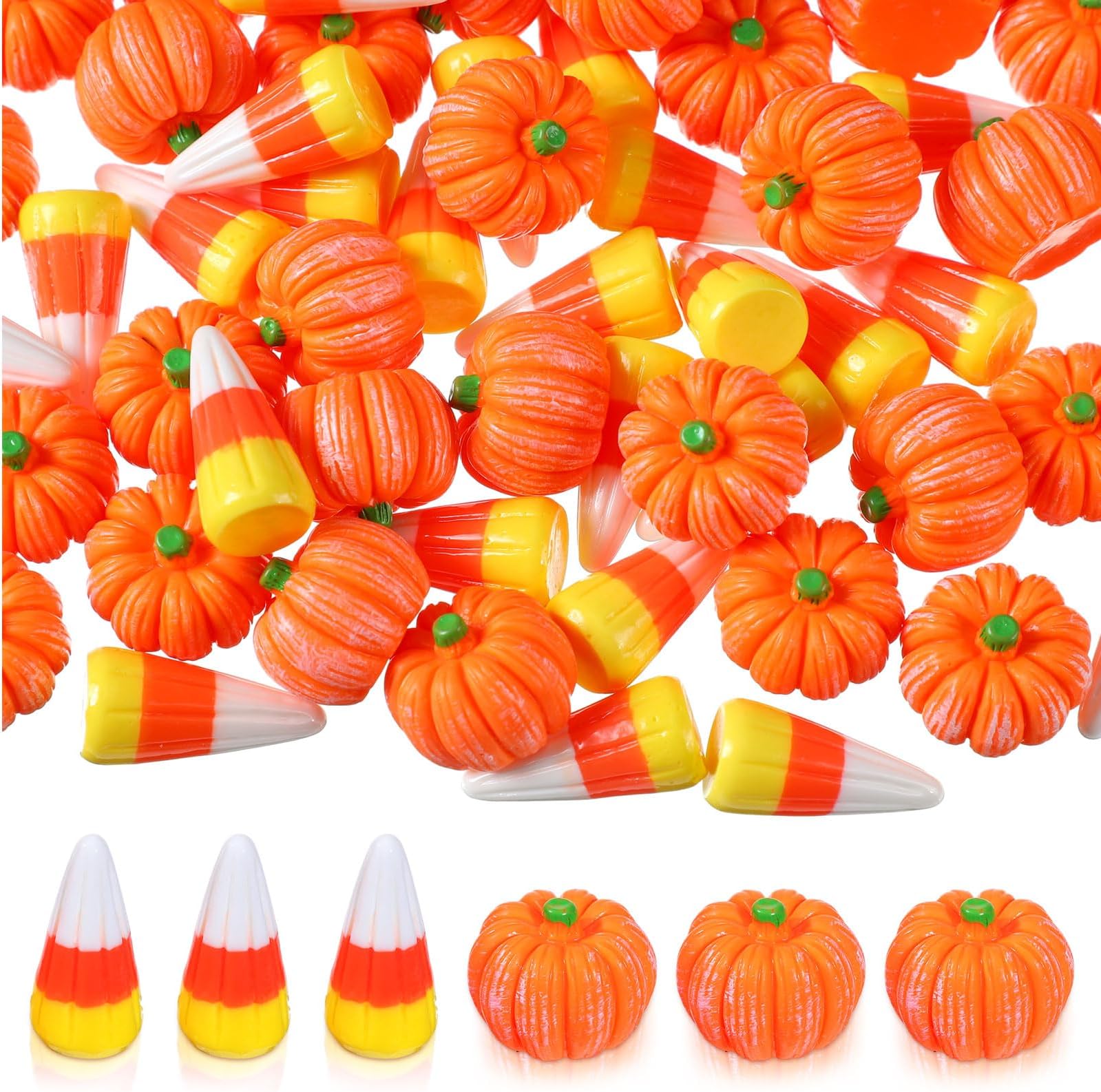 Wettarn60 Pcs Fake Candy Corn Pumpkin Fall Resin Mini Pumpkin Halloween Resin Charms for Craft Making Artificial Candy Decorations for DIY Halloween Fall Thanksgiving Handmake Decor