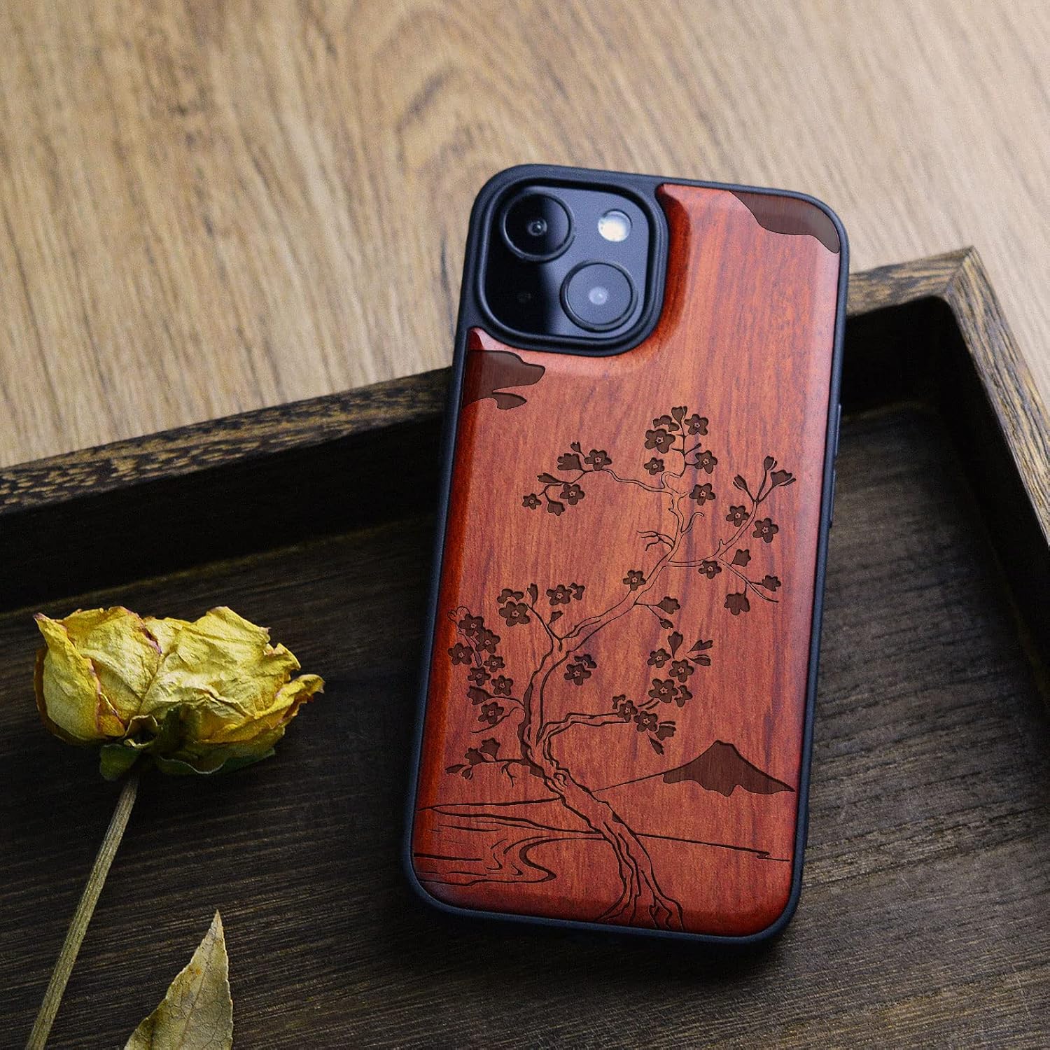 Carveit Magnetic Wood Case for iPhone 13 Mini Case [Natural Wood & Black Soft TPU] Unique Wooden Shockproof Protective Cover Compatible with magsafe (Cherry Blossom with Mount Fuji -Rosy)