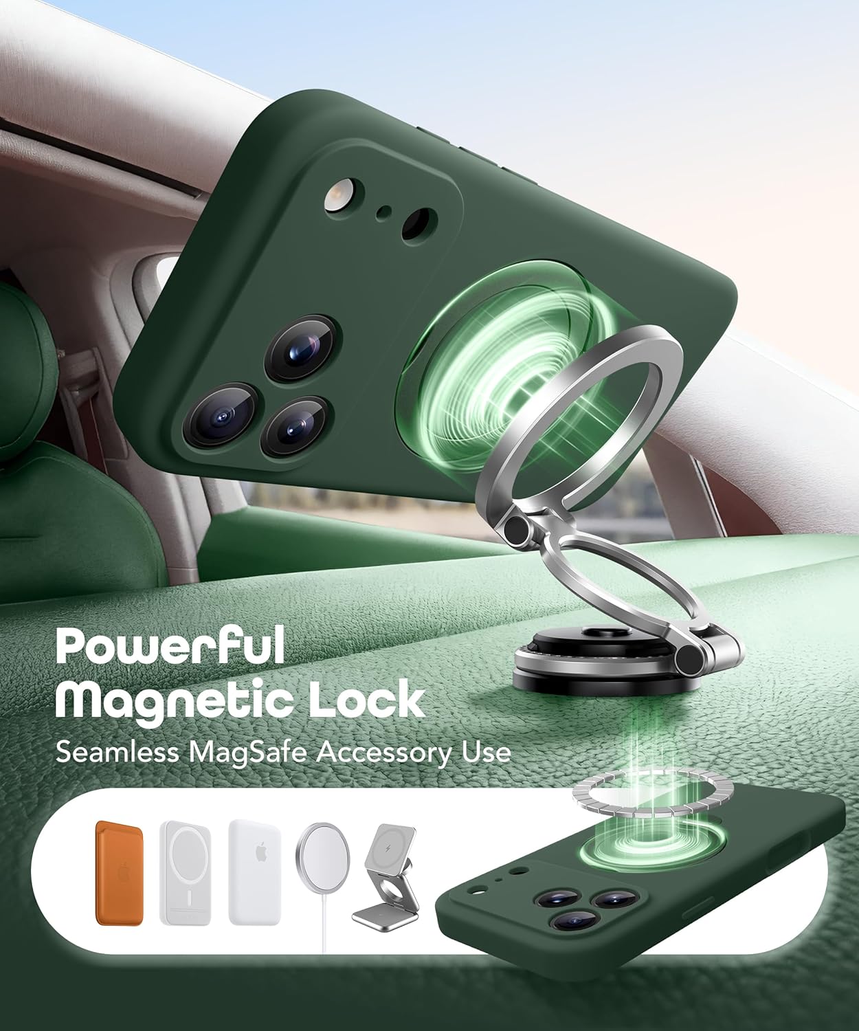 GolbinBox for iPhone 17 Pro Case with 360° Spin Magnetic Stand, [Compatible with MagSafe][Full Camera Protection],Full Body Shockproof Liquid Silicone Case with Ring Stand for 17 Pro 6.3'', Army Green - Image 3