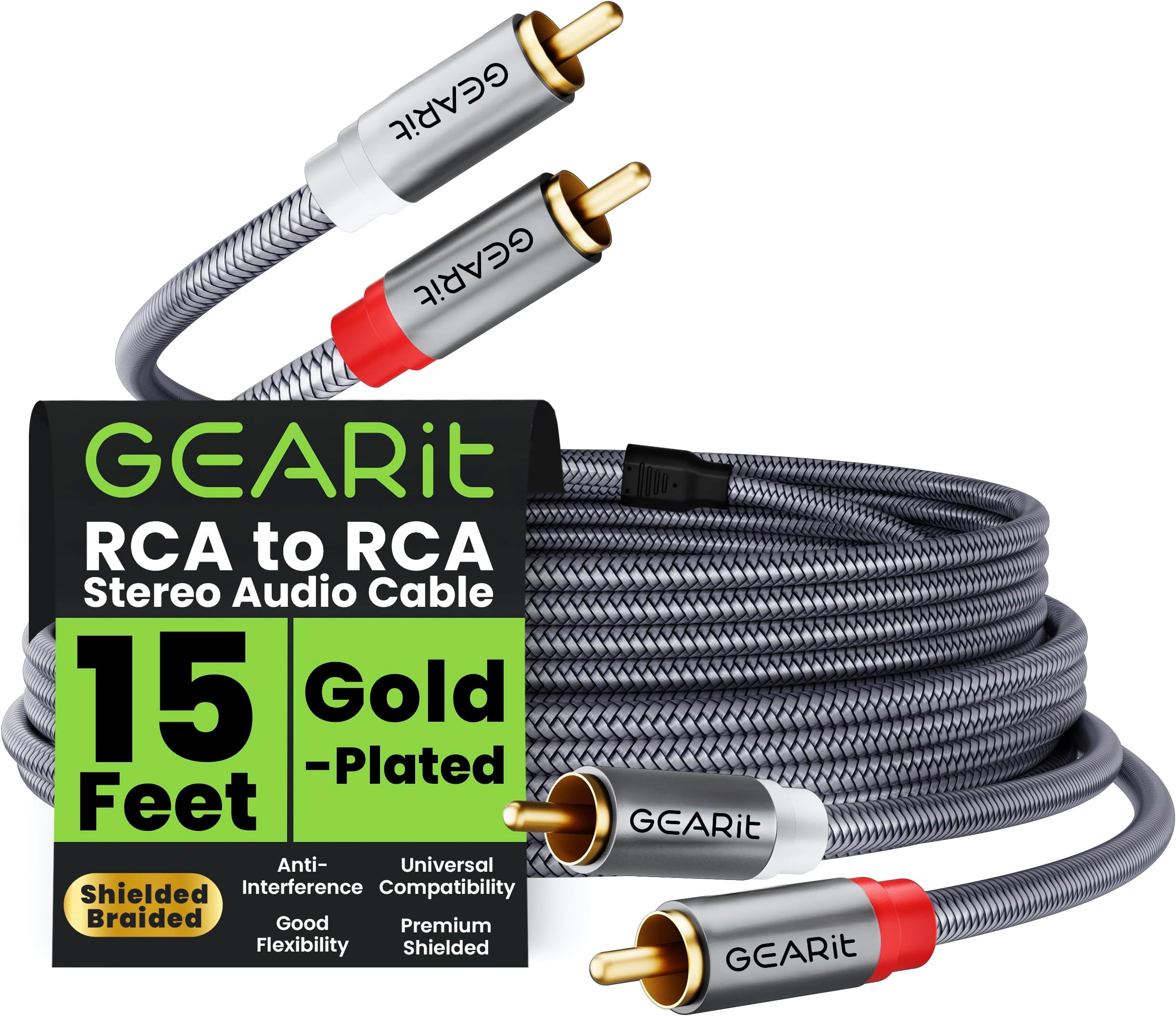GEARit RCA Cables 15 ft, 2 RCA to 2 RCA Cable Braided Shielded RCA Audio Cable with Gold-Plated Plugs for Car Audio, Subwoofer Cable, Hi-Fi System, Amplifier, Active Speakers & Gaming Consoles