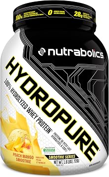 Nutrabolics Hydropure Whey Protein Powder | 100% Hydrolyzed Whey Protein | 28g Protein, Fast Absorbing Protein, Low Fat, Low Carbs | 1.6LB Peach Mango Smoothie