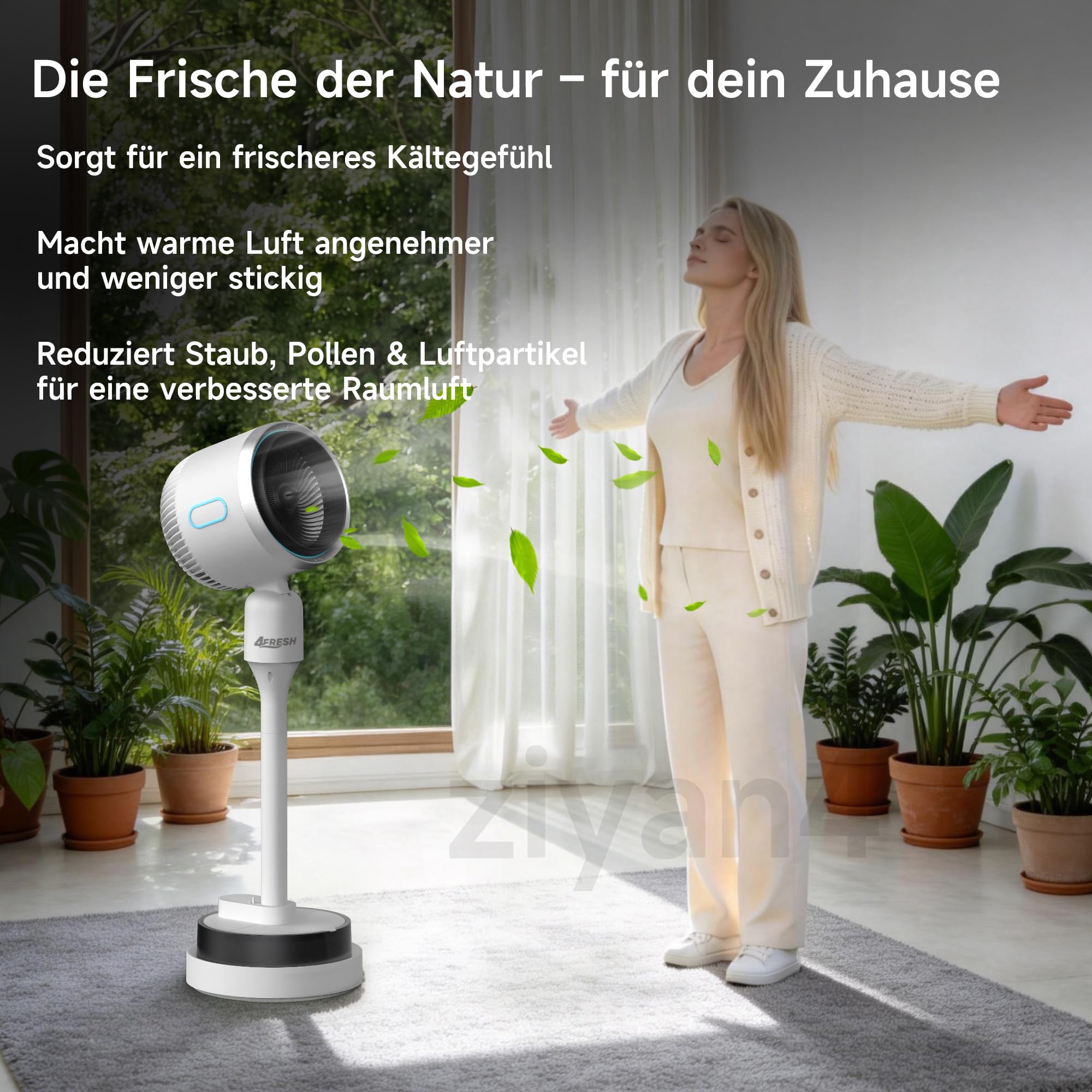 4-in-1 Multifunktionsventilator mit Wasserkühlung, Heizlüfter, Luftbefeuchter & Negativionen, 3 Windstufen, 60° horizontale Oszillation, 12h Timer, Wassertank, Kühlakku, Weiß