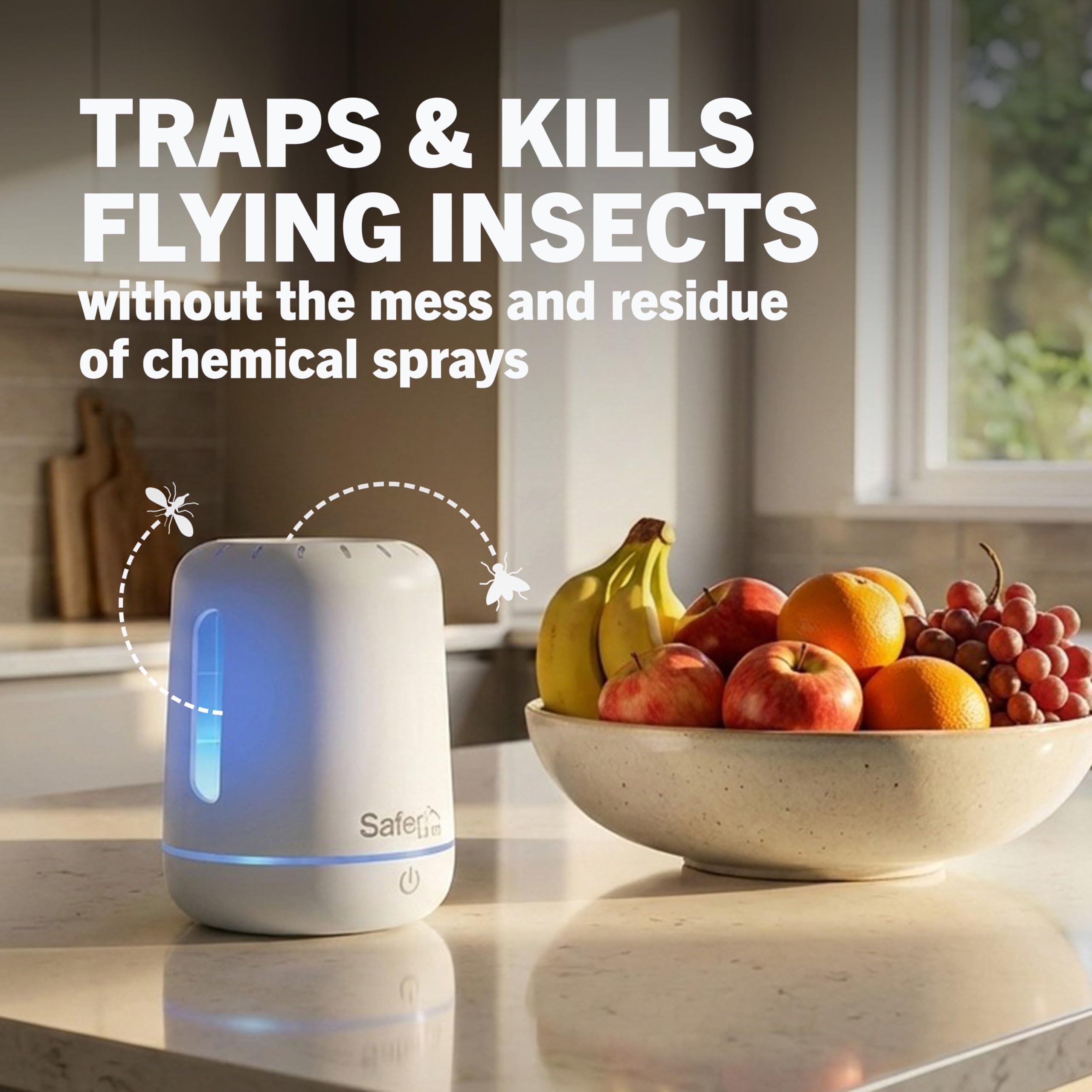 Safer Home Catch - Trappola wireless per insetti volanti a 360°, luce LED UV, senza sostanze chimiche, batteria ricaricabile da 10 giorni, trappole efficaci per mosche di frutta per interni, trappole