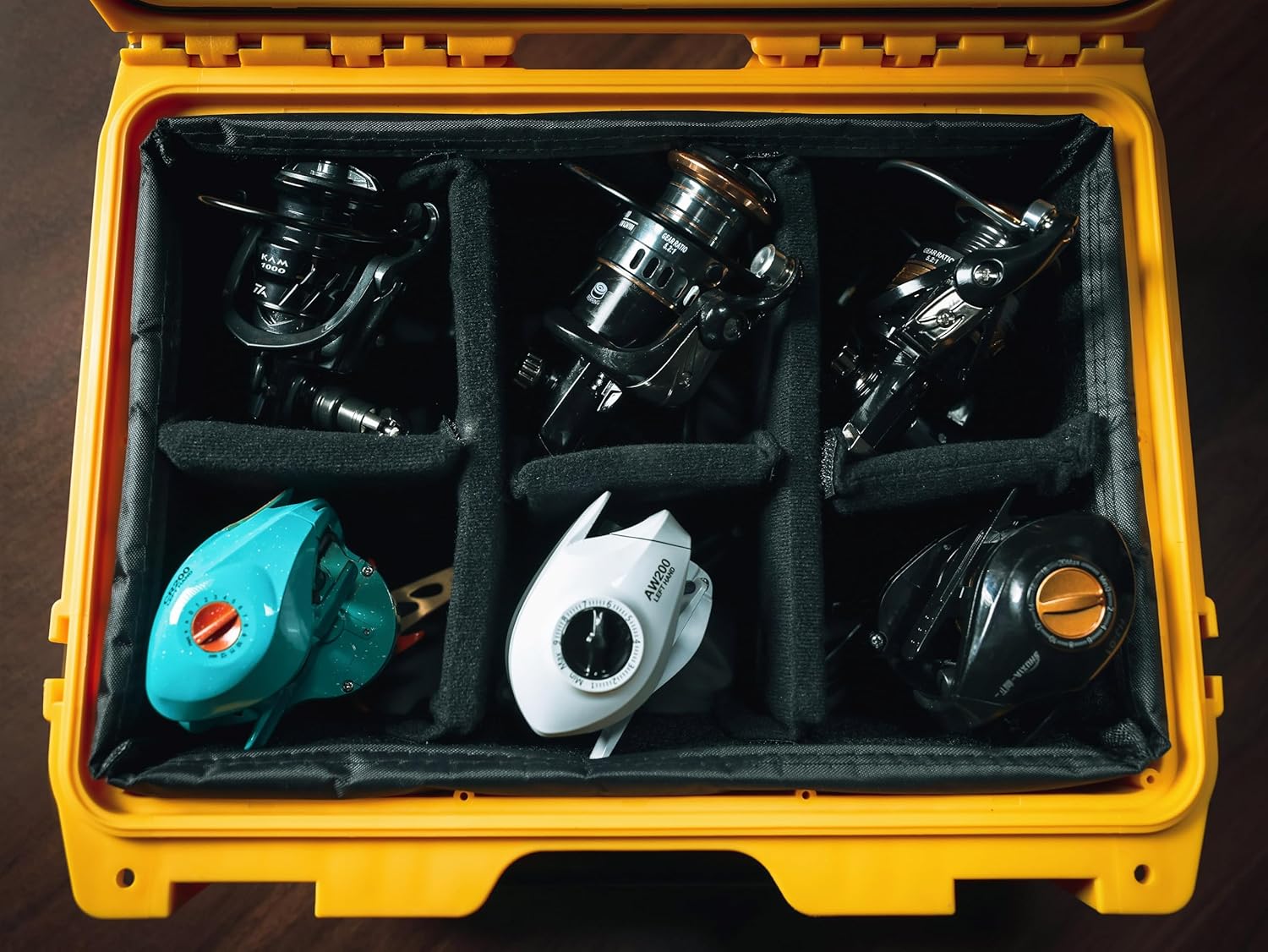 Fishing Reels Storage Case 13 Inches,Heavy Duty Waterproof Fishing Wheel Protective Hard Case, Tackle Collection Holder Box, 6pcs Adjustable Shockproof Dividers (Green)