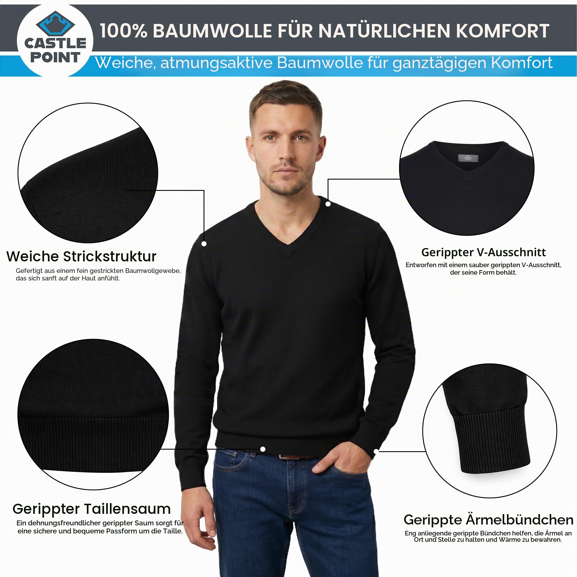Castle Point Herren Pullover aus 100 % Baumwolle, Weicher Strickpullover mit Rundhals oder V-Ausschnitt, Leichter Klassischer Alltagspullover