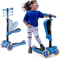 Vista 18 de Hurtle Patinete de 3 ruedas para niños, luces LED de ruedas, manubrio ajustable de inclinación para dirigir y asiento plegable, paseo sentado
