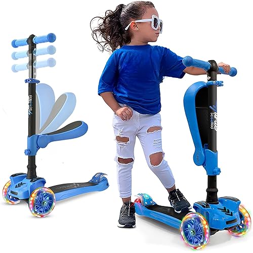 Hurtle 3-Wheeled Scooter for Kids - Wheel LED Lights, Adjustable Lean-to-Steer Handlebar, and Foldable Seat - Sit or Stand Ride with Brake for Boys and Girls Ages 1-14 Years Old