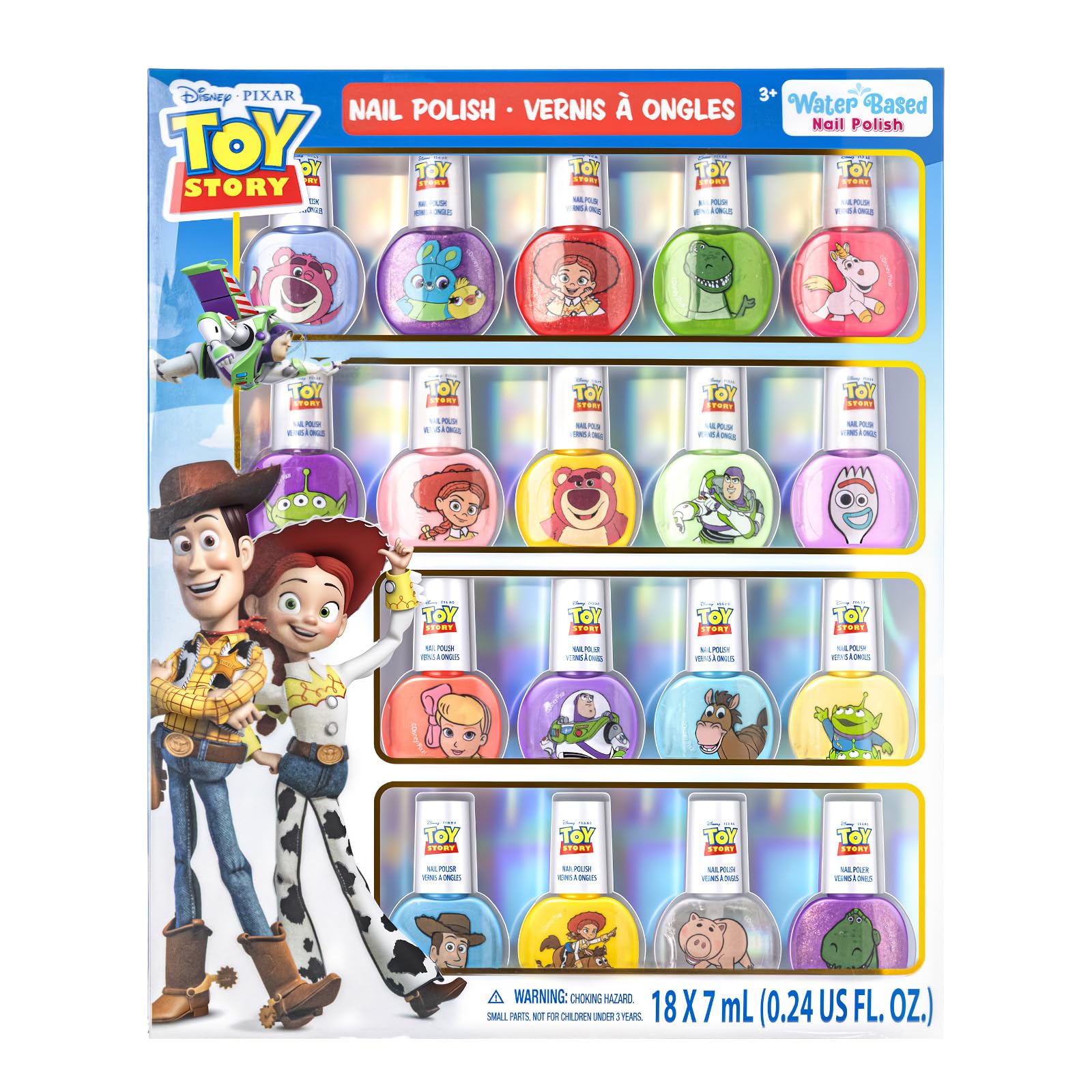 Disney Pixar Toy Story 18-Pack Nail Polish Set Water-Based Peelable Nail Polish with Glittery Shimmery and Opaque Colors