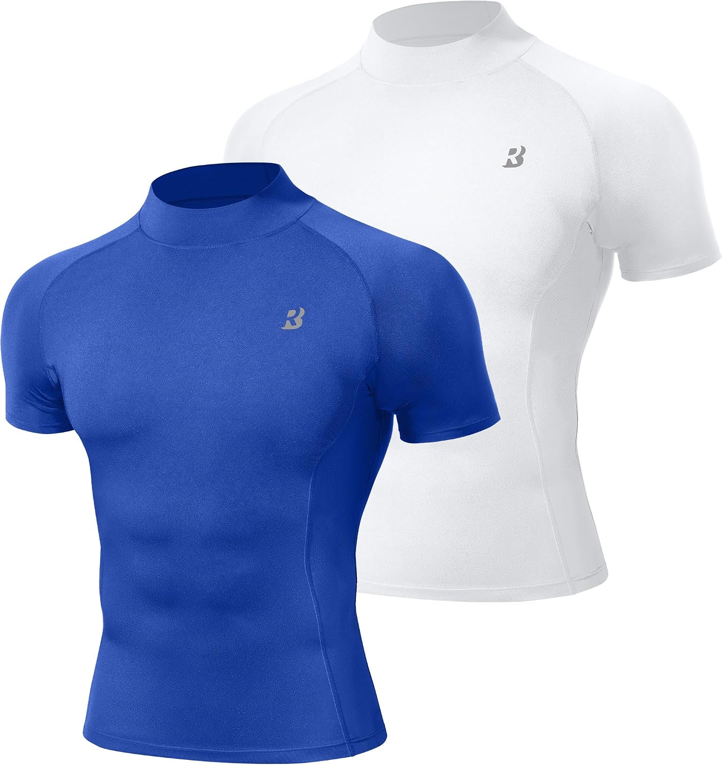 Roadbox 2 Pack Men's Compression Shirt Short Sleeve, Mock Turtleneck Athletic Undershirt, Cool Dry Base Layer Top for Workout