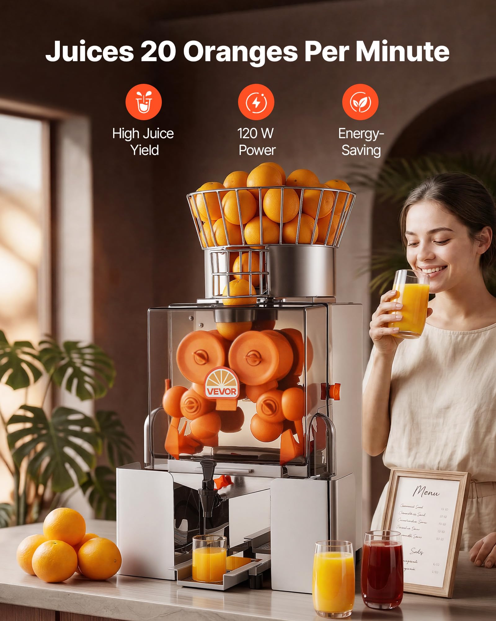 VEVOR Máquina Exprimidora Automática de Naranjas Comercial 120 W con Grifo, De Acero Inoxidable y PC, Con 2 Recipientes, Capacidad para Hasta 20 Naranjas por Minuto, Para Limones y Cítricos 55-80 mm