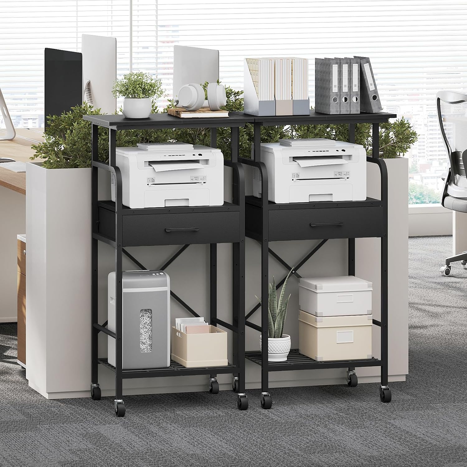 MAHANCRIS Tall Printer Stand, 3 Tier Printer Cart with Storage, Industrial Printer Table on Wheels, Adjustable Shelf & Fabric Drawer, for Home Office Study Black PTBK5501