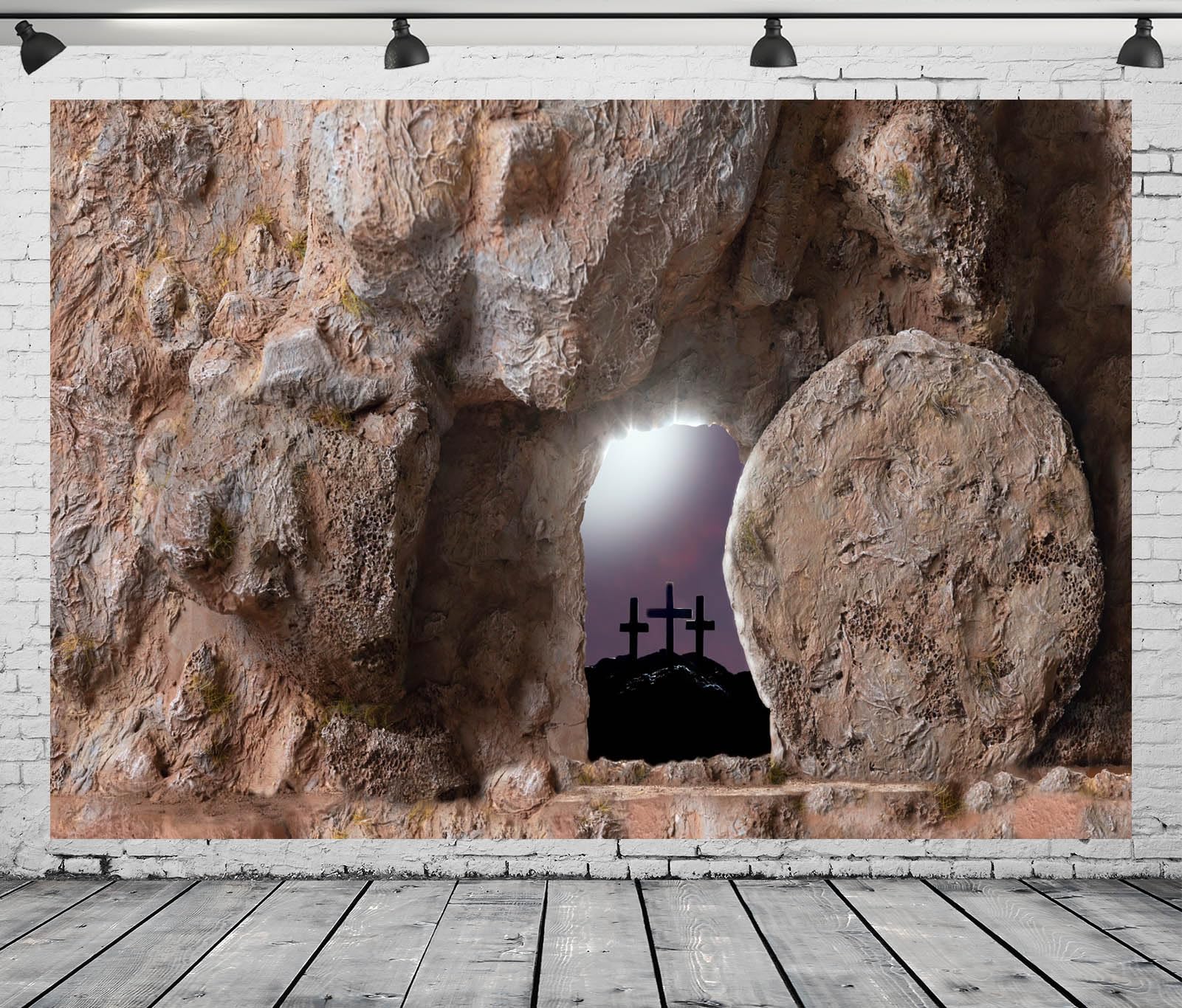 8x6ft Empty Tomb Backdrop - Easter Resurrection Scene With Cross & Holy Lights