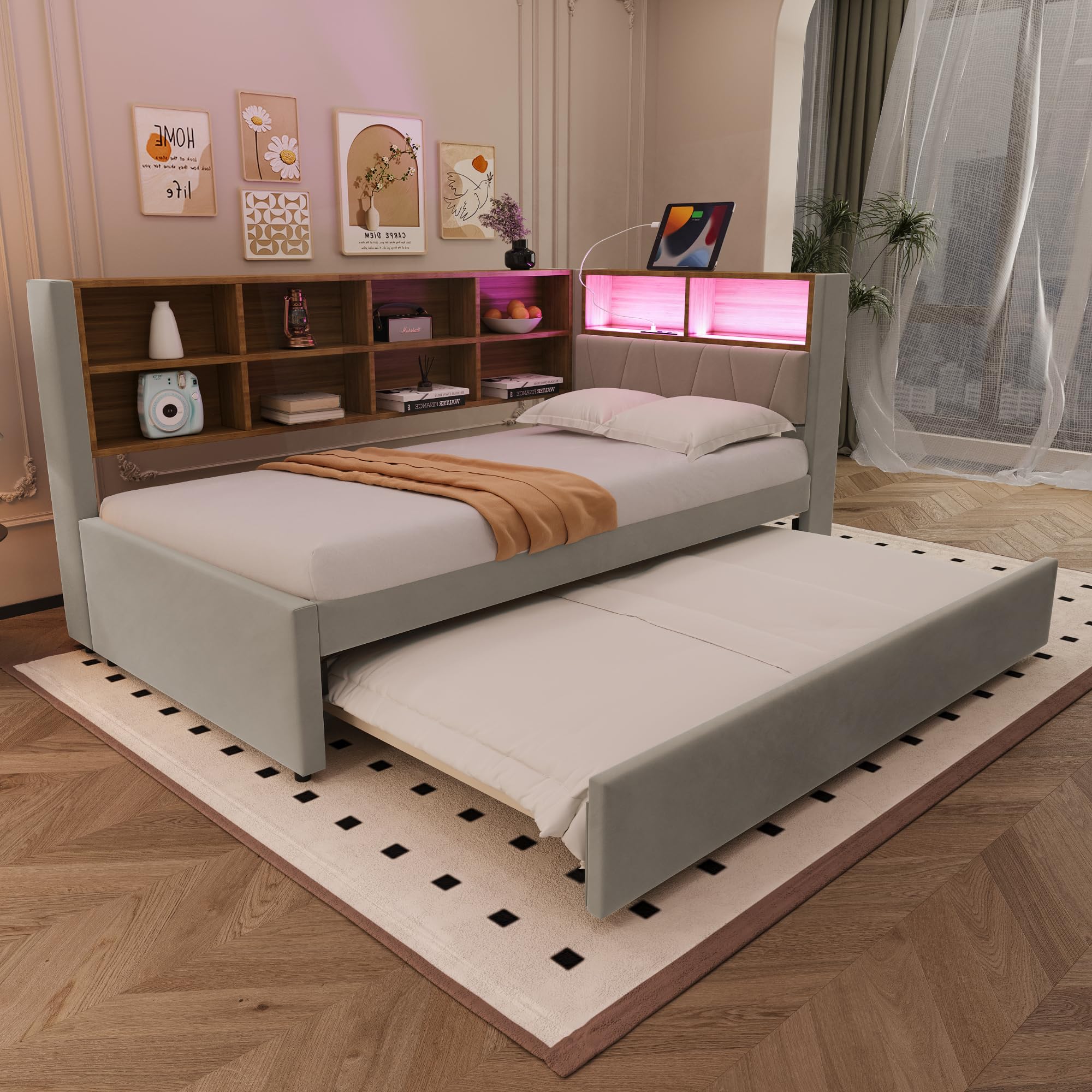 lit gigogne 90x200 en Flanelle avec Couchage secondaire lit d appoint 2 Personnes doté de rangements Ouverts et de Lattes résistantes lit Banquette pour Chambre et Studio