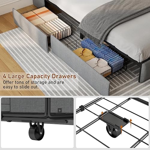 Vista 6 de SADENICEL Base de cama Queen con cabecera de almacenamiento, base de cama de plataforma de metal tamaño Queen con 4 cajones, luz LED, estación