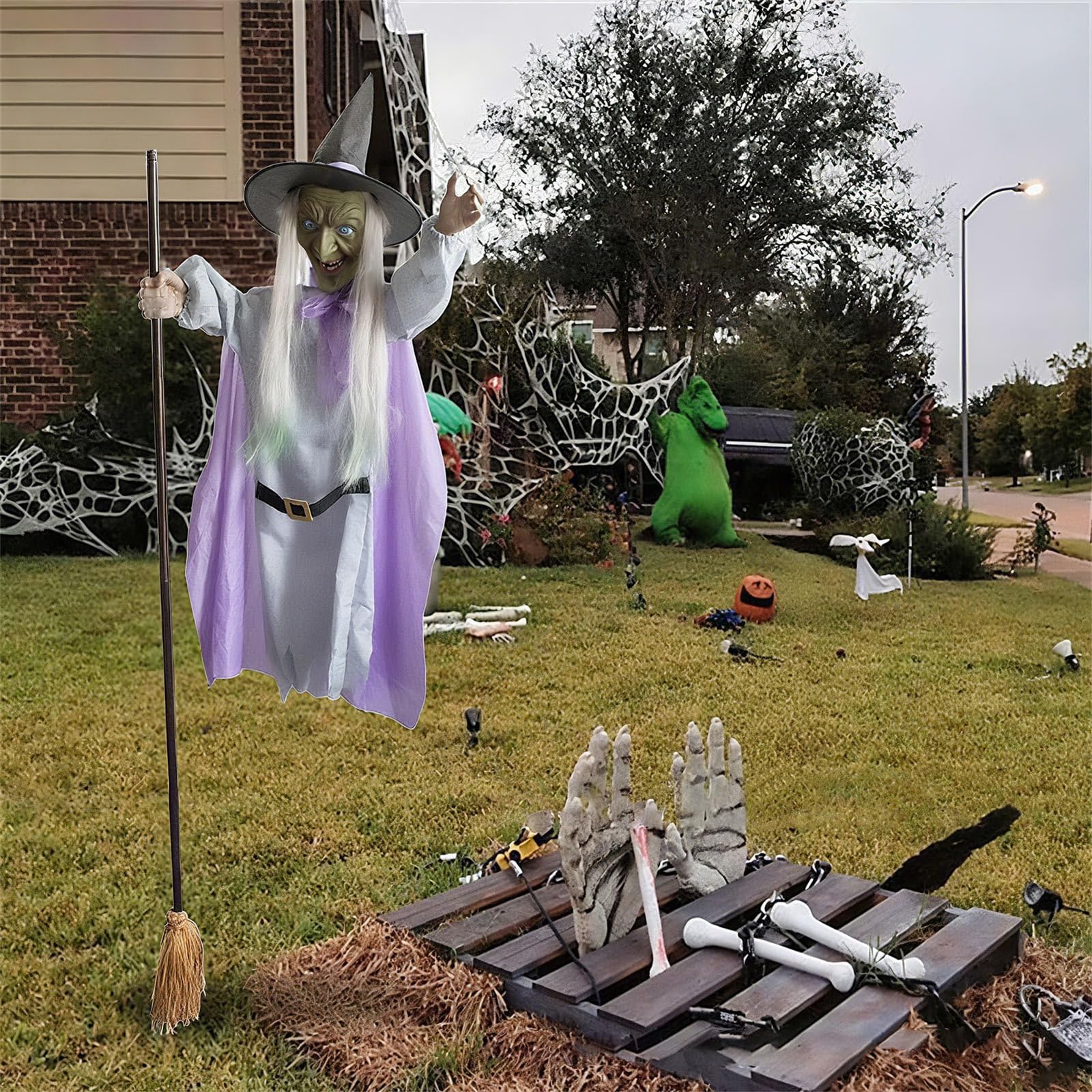 Słynna latająca czarownica na Halloween, 3,7 m, latająca czarownica, dekoracja na Halloween, dekoracje na zewnątrz, unosząca się wiedźma z dźwiękiem i aktywacją, do zbierania aktywności, ogrodu